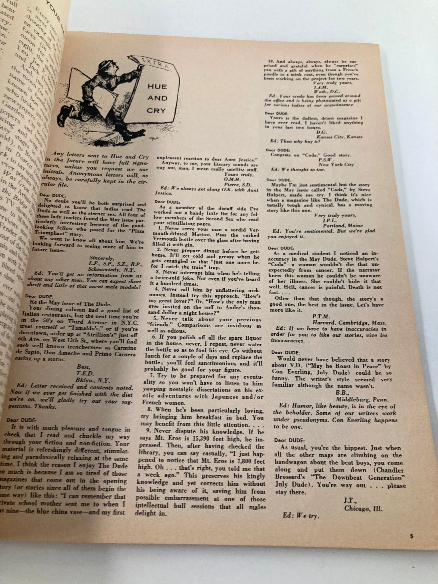 Interior page from VTG The Dude Magazine September 1958 featuring a humorous cartoon and text. The article discusses various letters and reactions related to the magazine, showcasing mid-century editorial style.