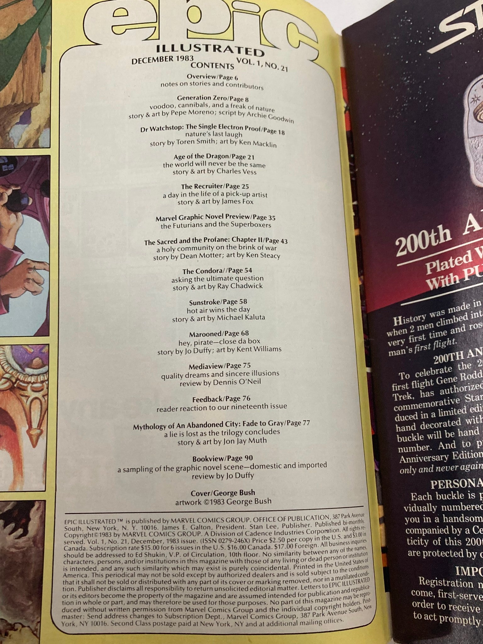 Contents page of Epic Illustrated Magazine December 1983 Vol 1 #21, detailing stories and contributors, including 'Sunstroke' by Michael W. Kaluta.