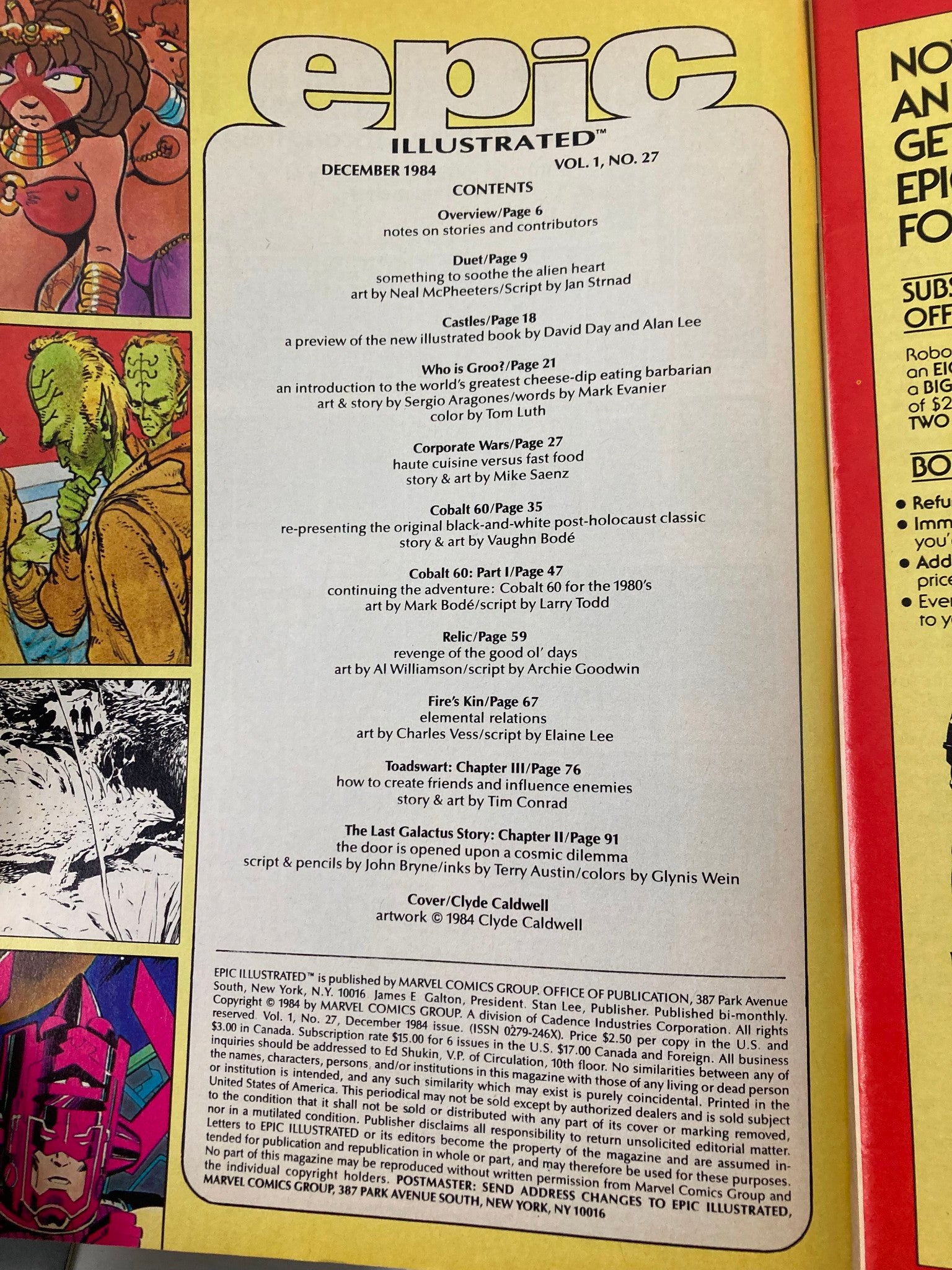 Contents page of Epic Illustrated Magazine December 1984, featuring a list of stories and contributors, including 'The Last Galactus Story' and other notable features. This page captures the essence of the vintage issue that includes the iconic Galactus.