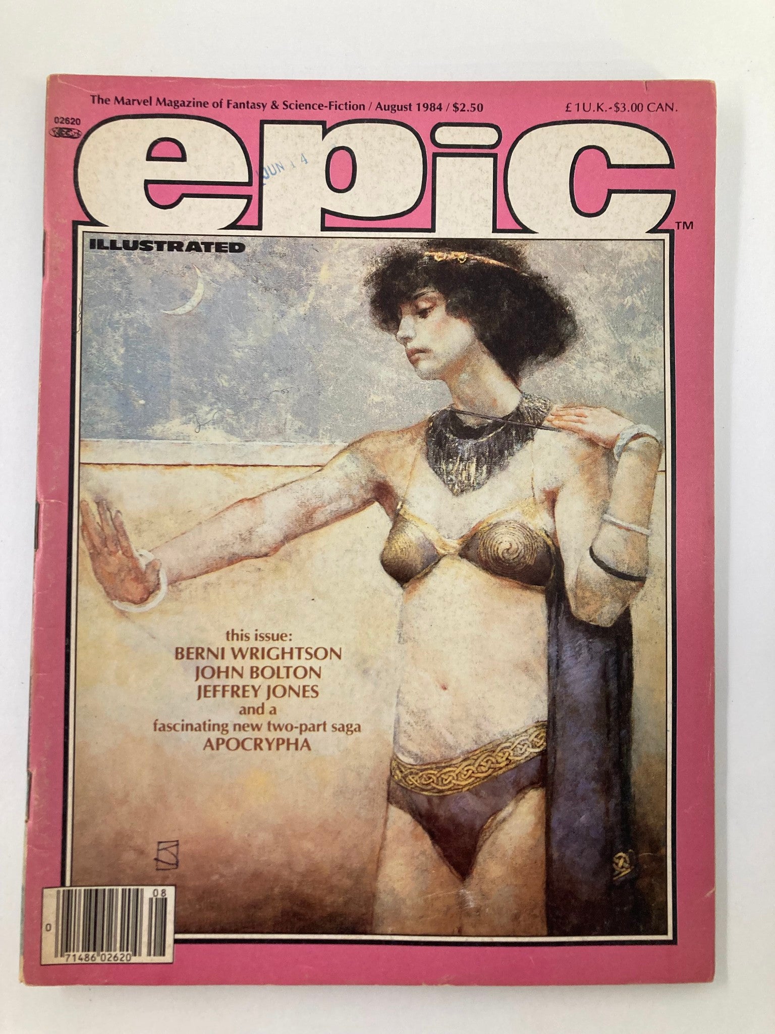 Cover of Epic Illustrated Magazine, August 1984, featuring a two-part saga titled 'Apocrypha,' showcasing vibrant artwork and a striking female figure.