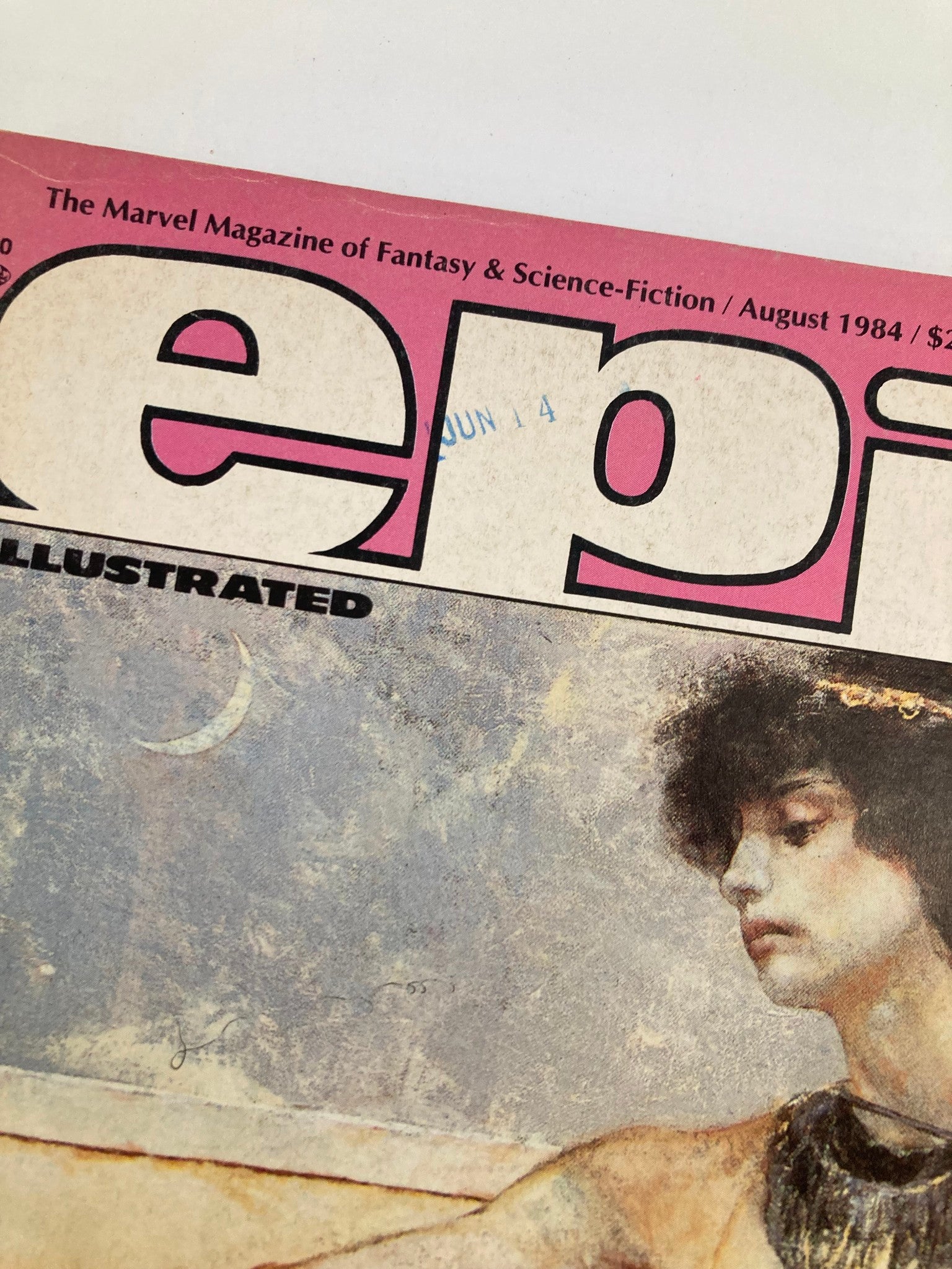 Close-up detail of the cover of Epic Illustrated Magazine, August 1984, highlighting the magazine's title and artistic elements from the issue featuring 'Apocrypha.'