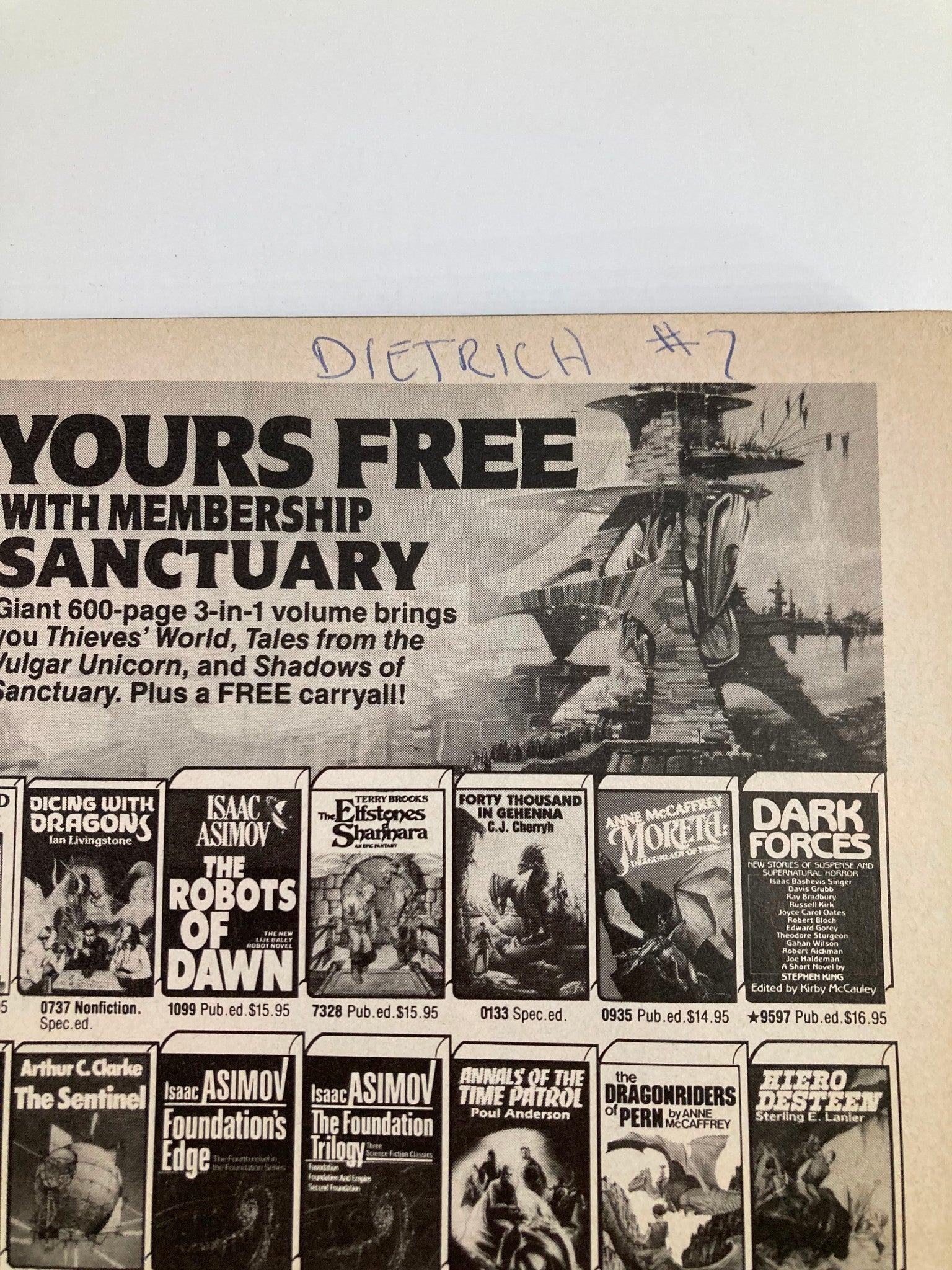 Cover page of Epic Illustrated Magazine August 1984, featuring a promotional section with various book titles and a handwritten note saying 'DIETRICH #2.' This vintage magazine is a valuable collectible for fans of illustrated narratives.