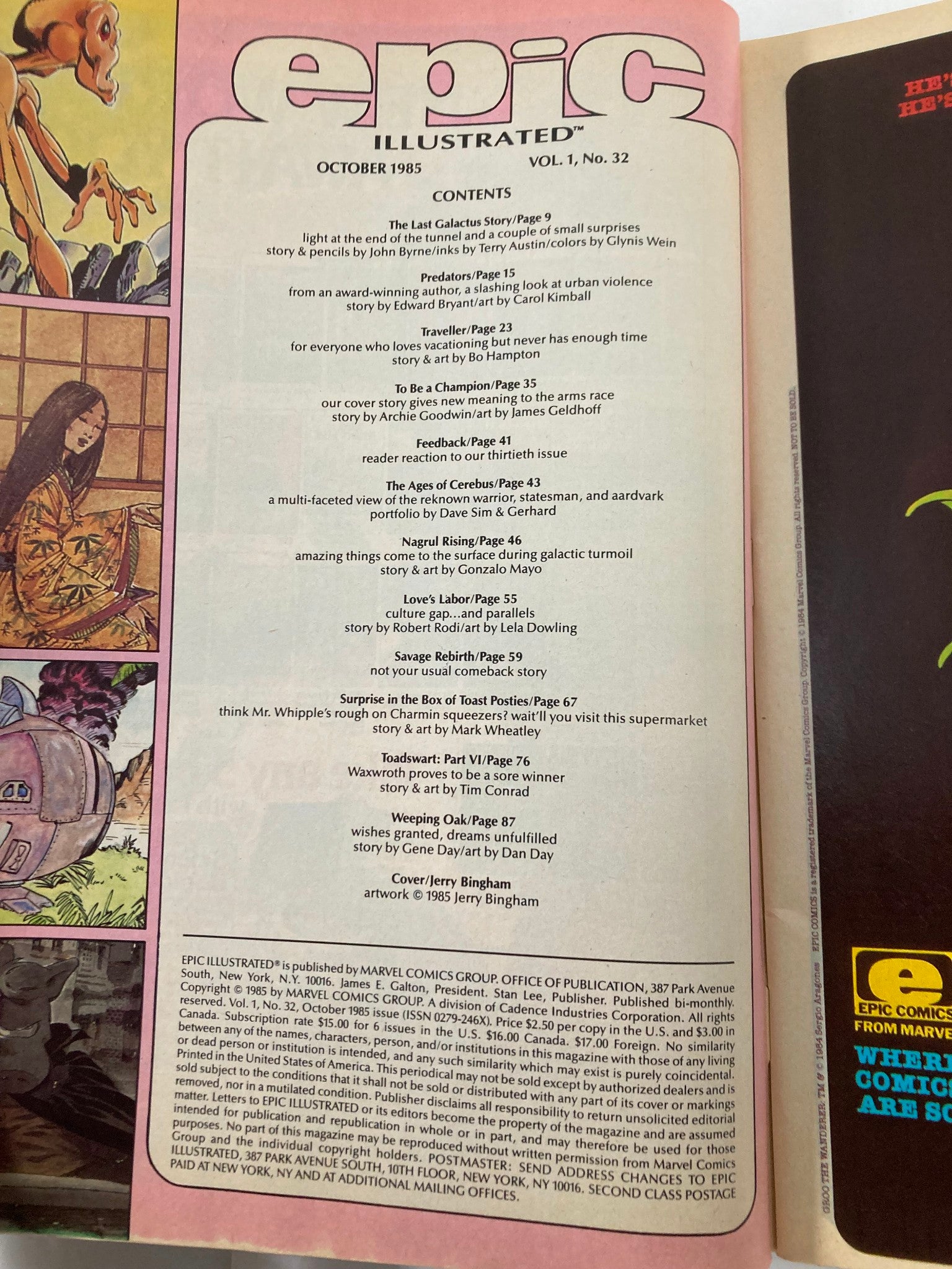 Contents page of VTG Epic Illustrated Magazine October 1985 Vol 1 #32 To Be A Champion outlining stories and contributors.
