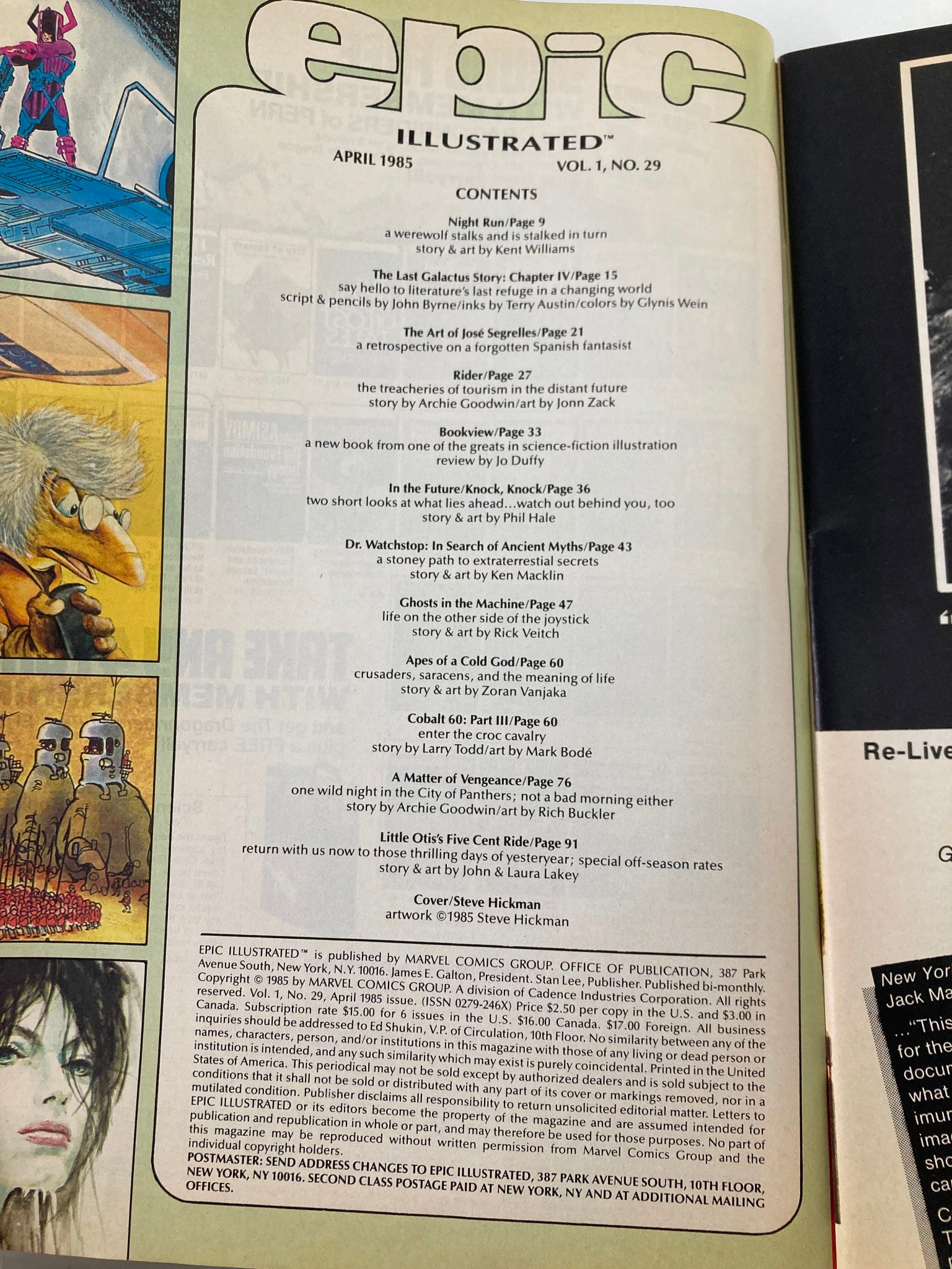 Contents page of the VTG Epic Illustrated Magazine April 1985 A Matter of Vengeance, listing features such as Night Run and The Last Galactus Story, with illustrations and a summary of articles.
