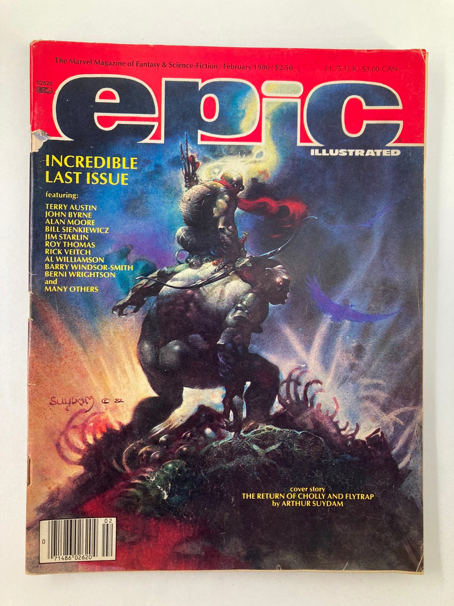 Cover of the VTG Epic Illustrated Magazine from February 1986 titled 'Return of Cholly & Flytrap.' The cover features vibrant artwork by Arthur Suydam, showcasing dynamic fantasy elements. This magazine is known for its significant contributions to comic book artistry and storytelling, marked as the incredible last issue.