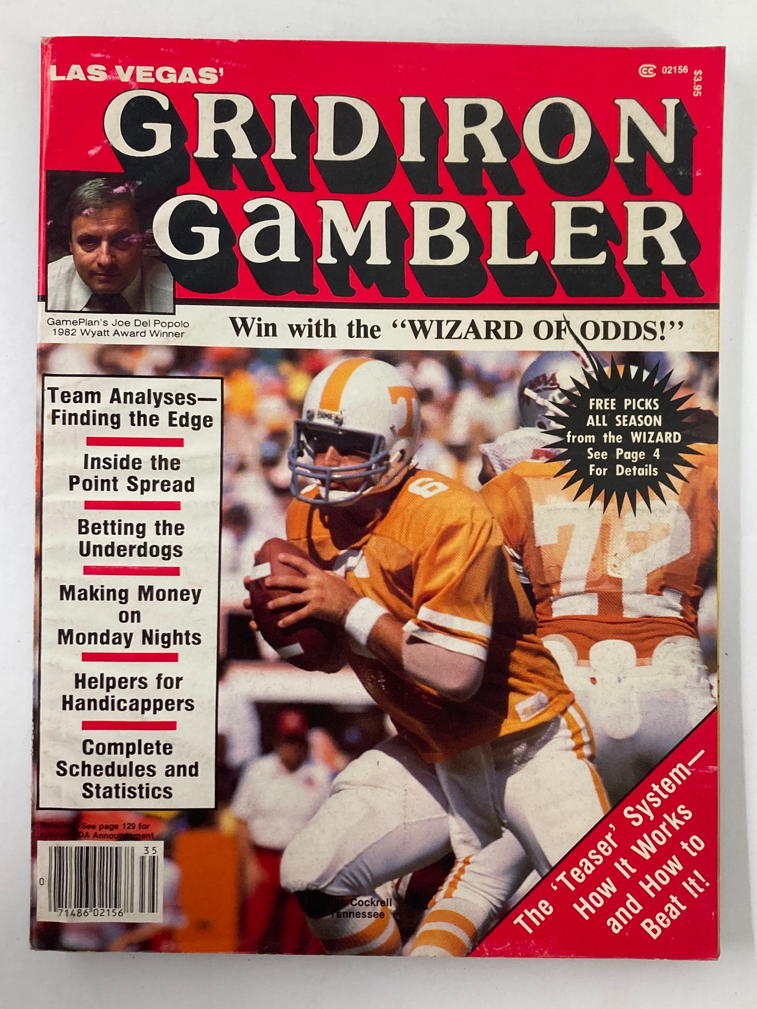 VTG Las Vegas' Gridiron Gambler Magazine Vol 1 1982 cover featuring an action shot of a football player, with headlines on betting strategies and team analyses.