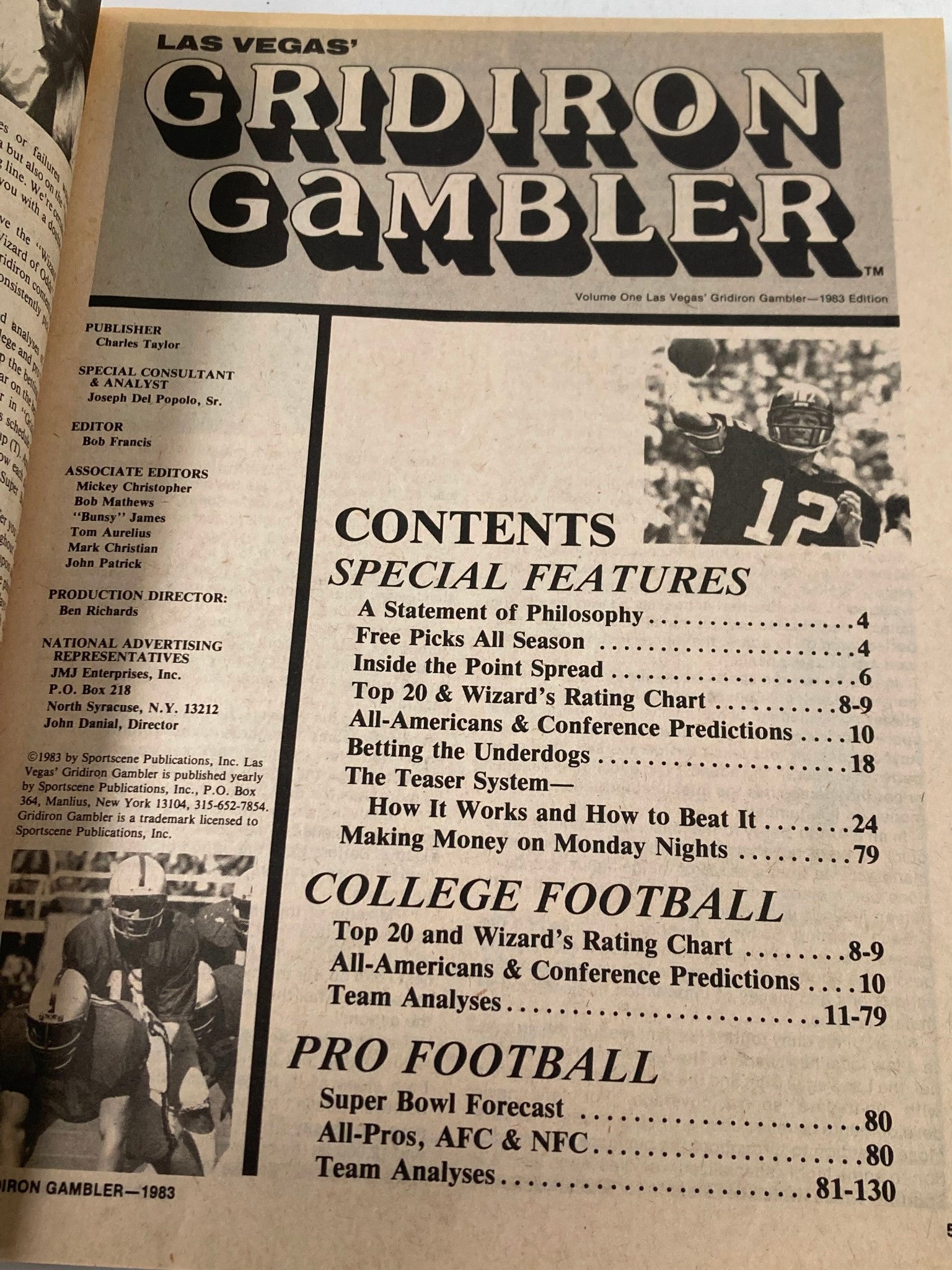 Inside page of VTG Las Vegas' Gridiron Gambler Magazine Vol 1 1982 displaying the table of contents with special features and football predictions.