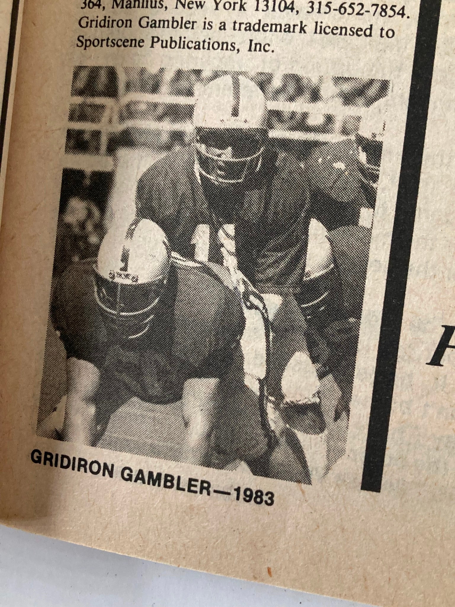 Image from VTG Las Vegas' Gridirion Gambler Magazine Vol 1 1982 featuring a football scene, highlighting players in action. Gridiron Gambler 1983 edition.