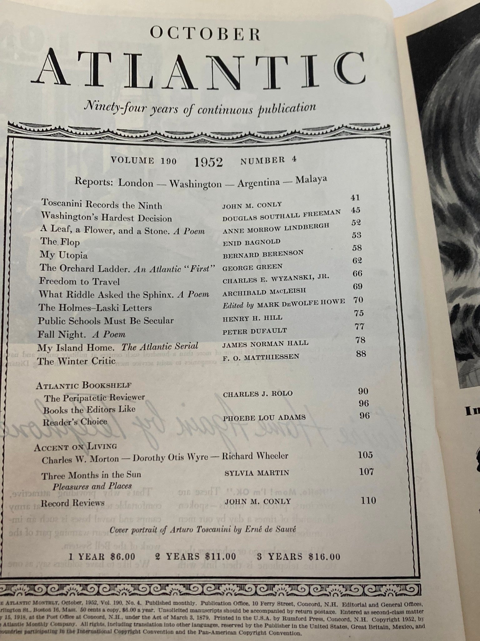 VTG The Atlantic Magazine October 1952 Arturo Toscanini Records Ninth No Label