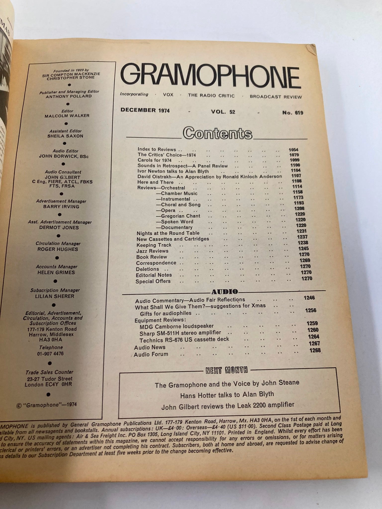 Contents page of VTG Gramophone Magazine December 1974, Volume 52, Issue #619, listing features and articles including reviews and audio commentary.
