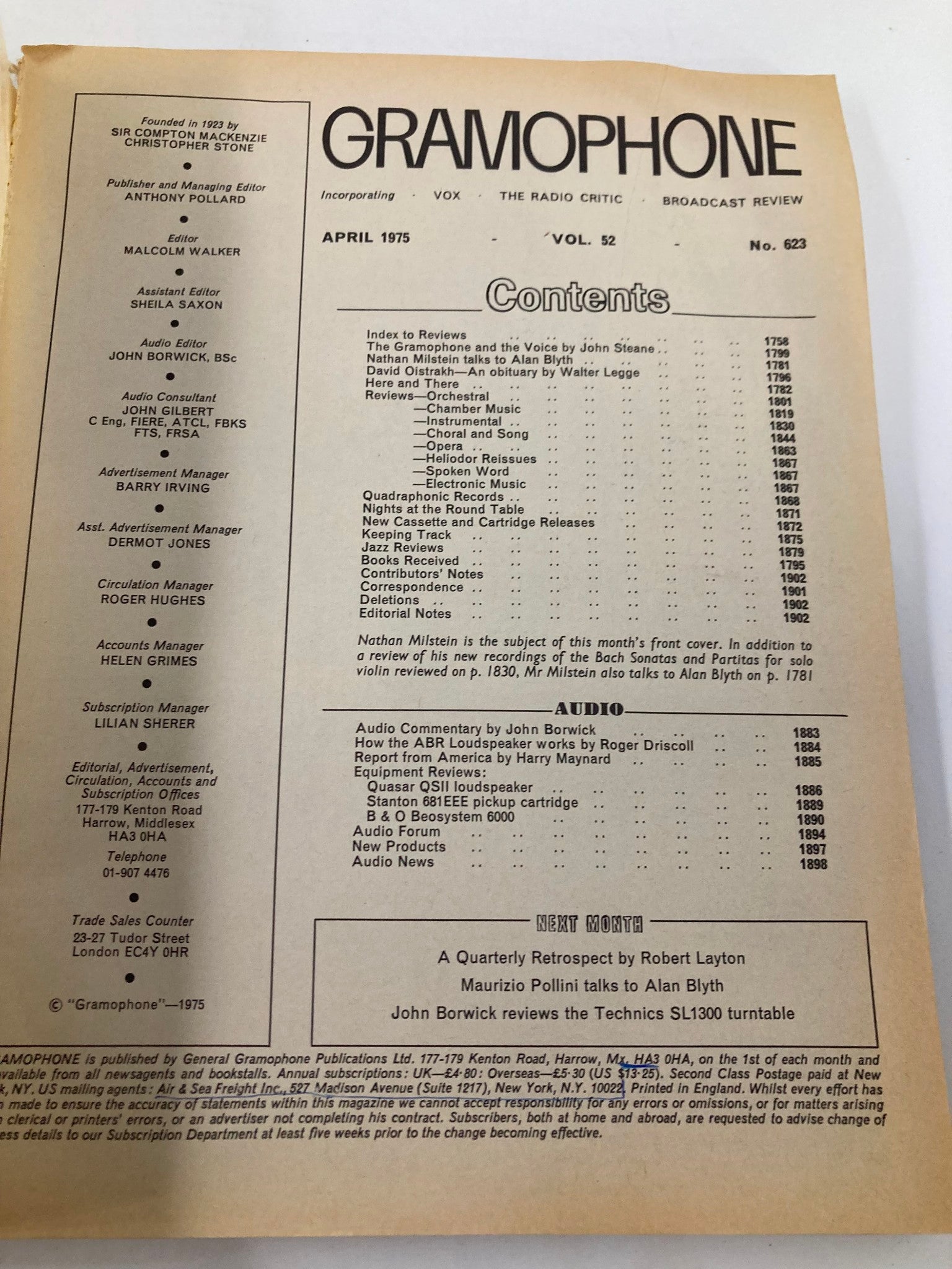 Table of contents for VTG Gramophone Magazine April 1975 Vol 52 #623, detailing various reviews, articles, and features, including an interview with Nathan Milstein.