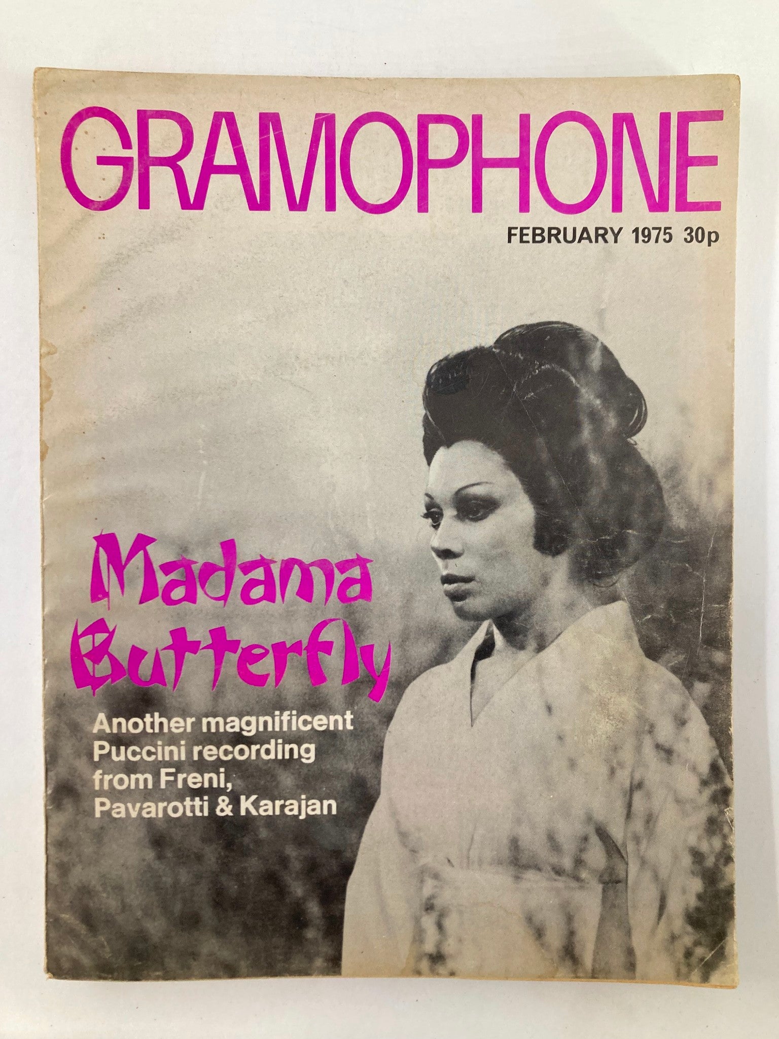Cover of the Gramophone Magazine, February 1975, Volume 52, Issue #621, featuring the opera Madama Butterfly with a striking image and bold typography.