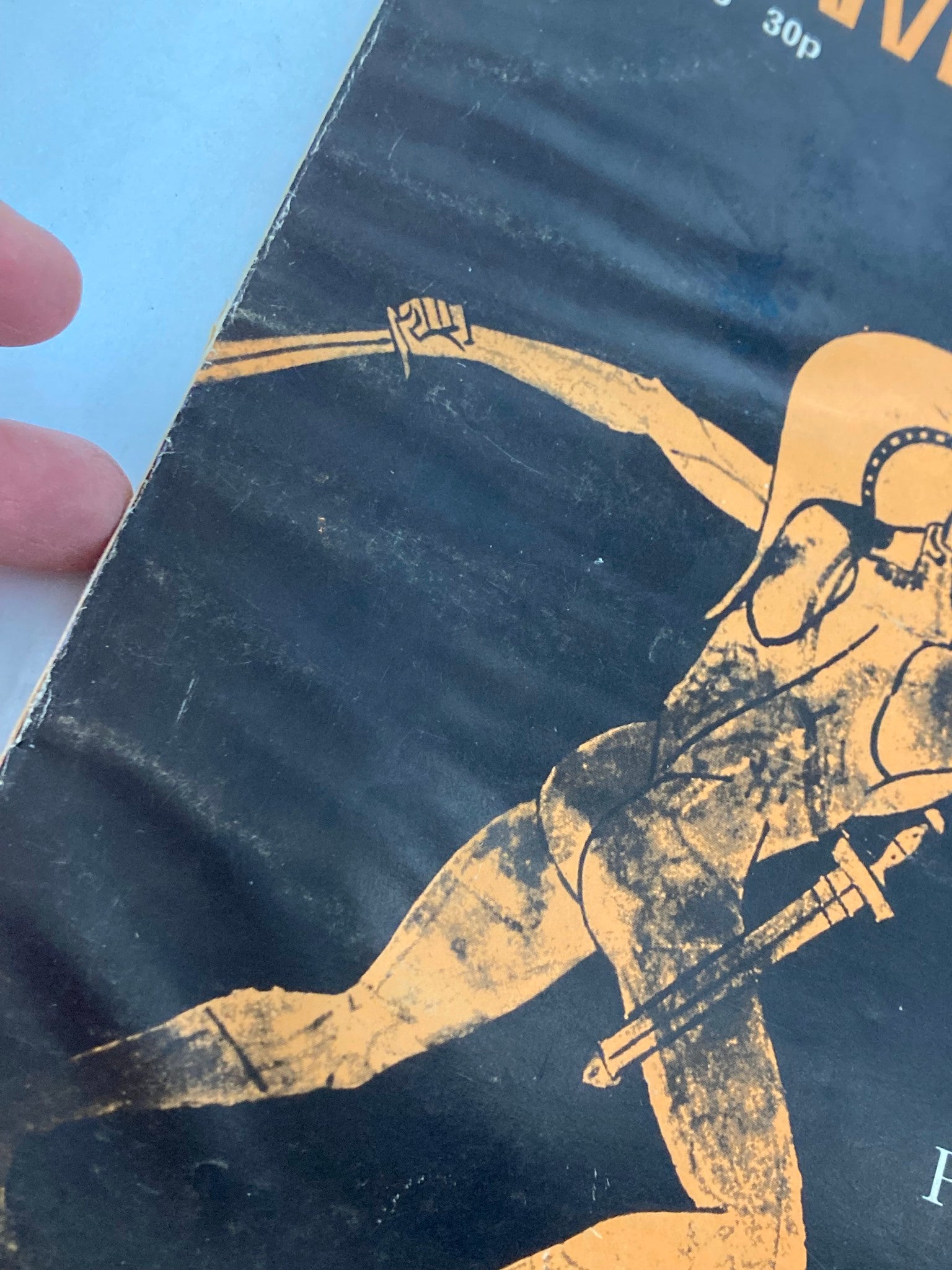 Close-up detail of the VTG Gramophone Magazine March 1975 Vol 52 #622 cover, highlighting the warrior's pose and sword, emphasizing the magazine's vintage charm.