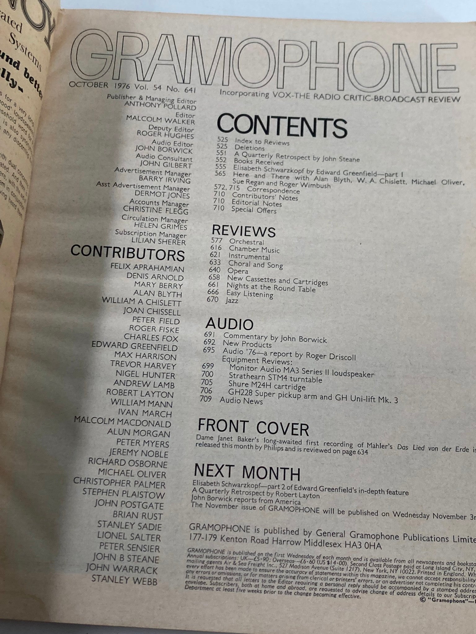 Contents page of VTG Gramophone Magazine October 1976 Vol 54 #641, showcasing the contributors, reviews, and features related to classical music, including Mahler's work.