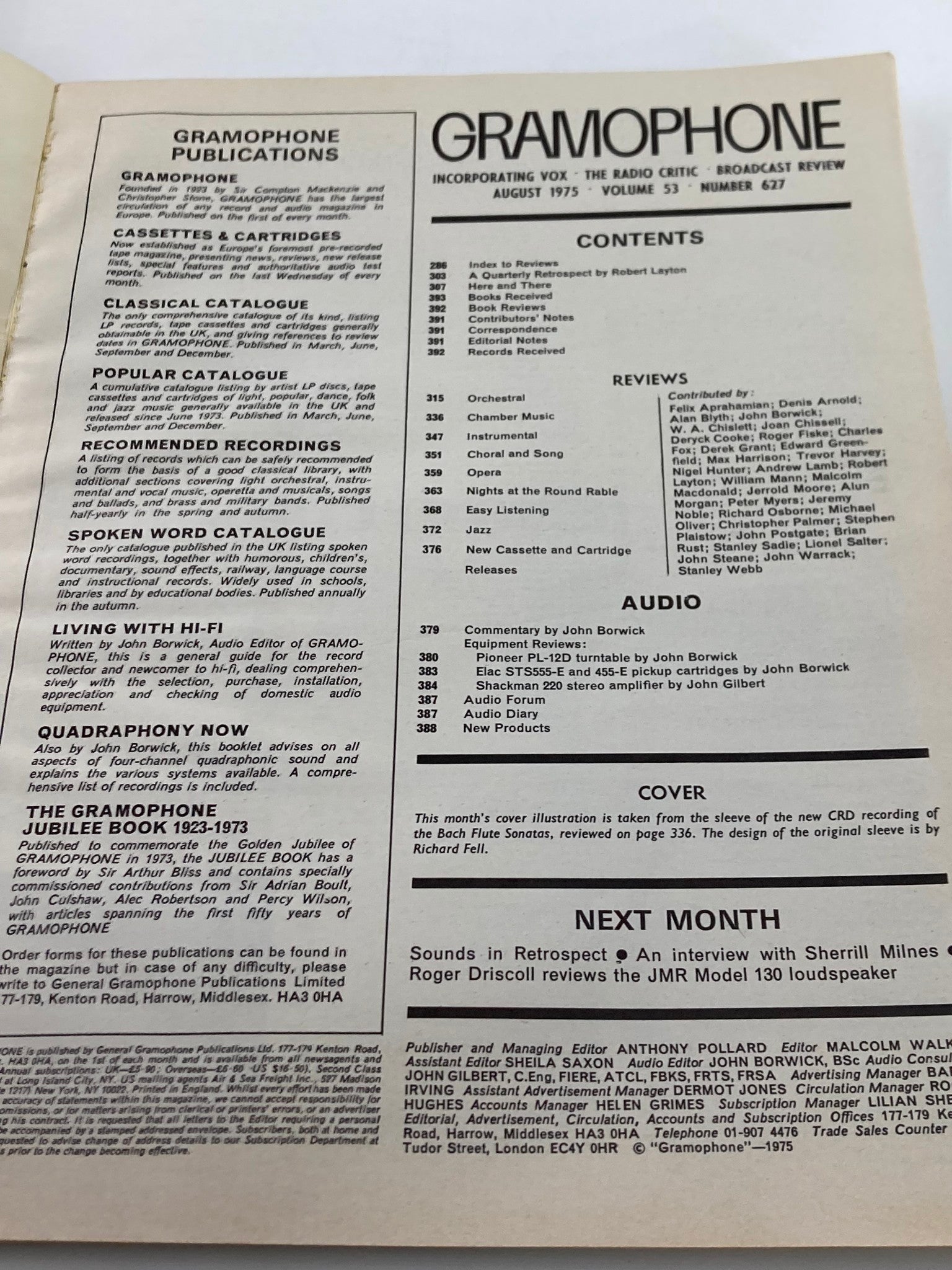 Inside page from the VTG Gramophone Magazine August 1975 Vol 53 #627 showing the contents, featuring various classical music categories and reviews, celebrating Johann Sebastian Bach.