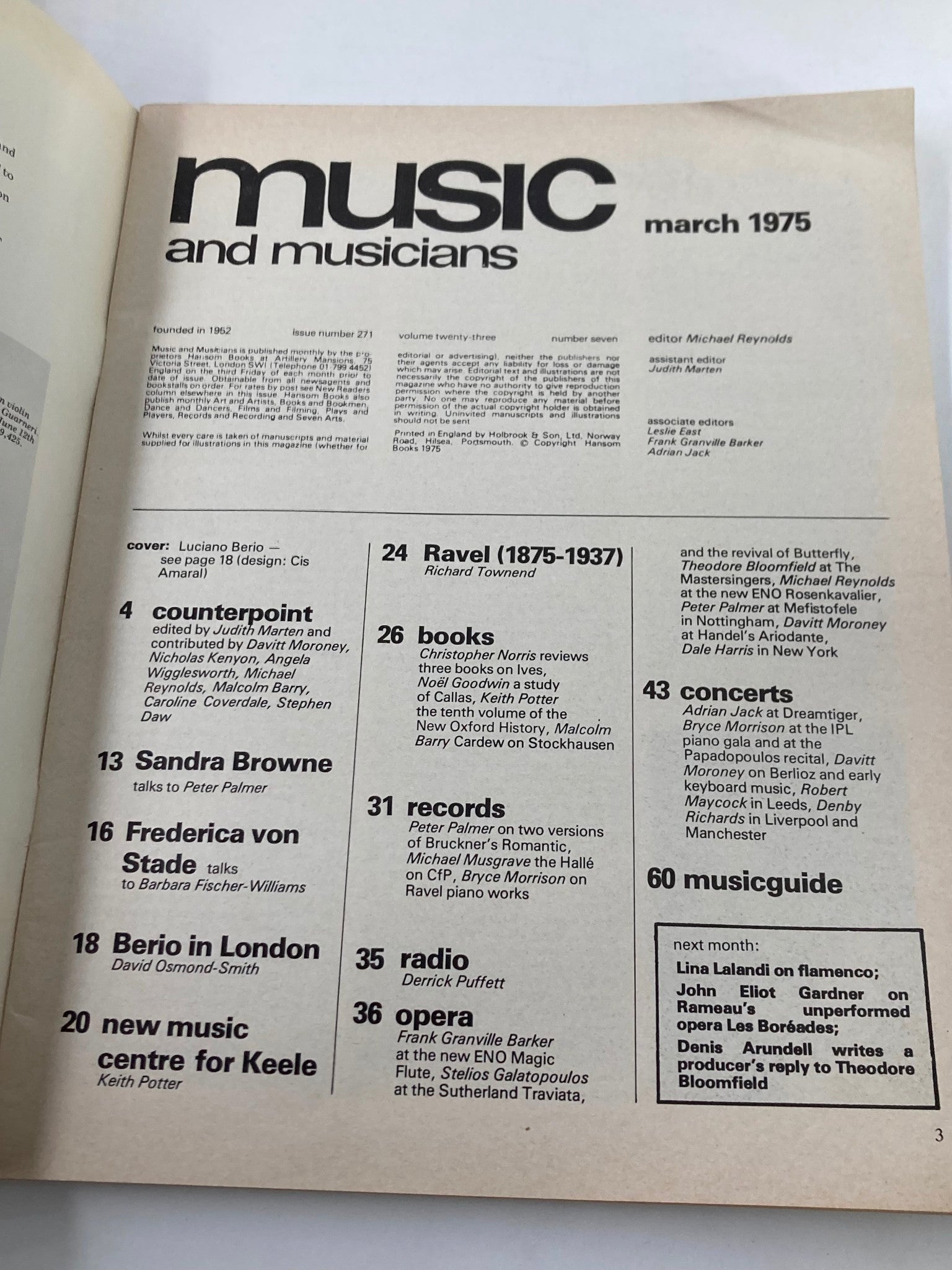 VTG Music & Musicians Magazine March 1975 #271 Aspects of Berio No Label