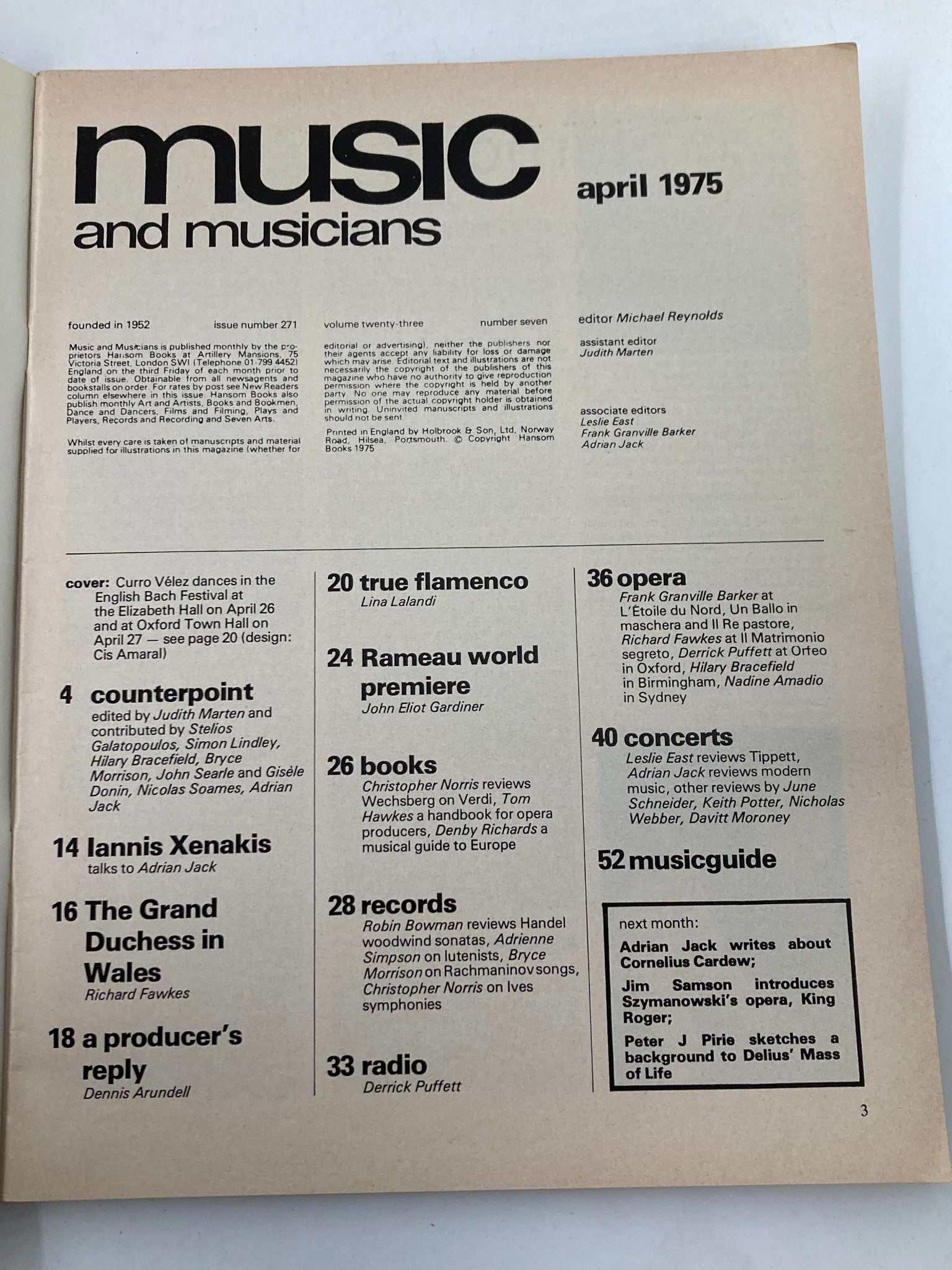 VTG Music & Musicians Magazine April 1975 #271 Flamenco Bach Festival No Label