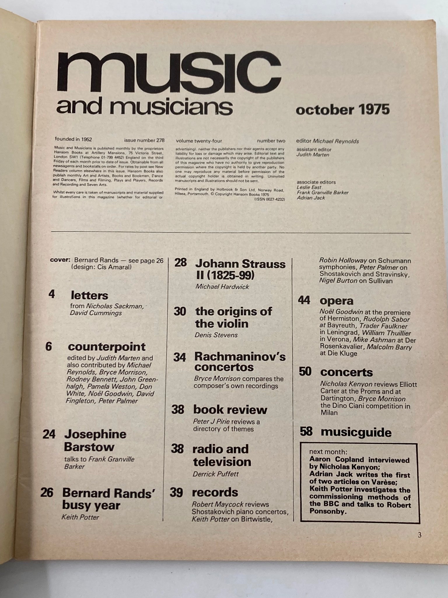 VTG Music & Musicians Magazine October 1975 Vol 24 #2 Bernard Rands No Label