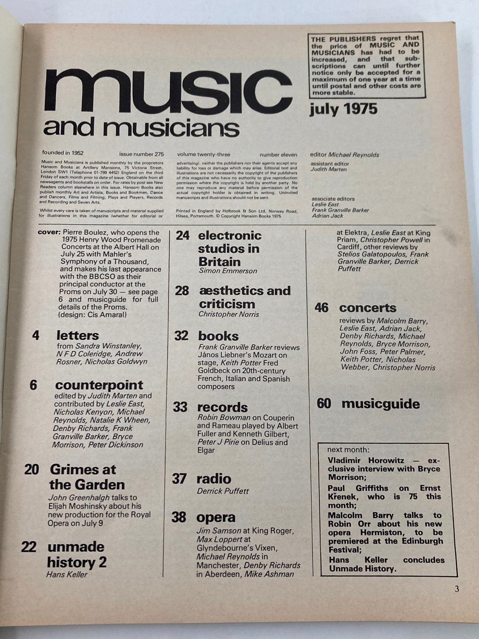 VTG Music & Musicians Magazine July 1975 Vol 23 #11 Pierre Boulez No Label