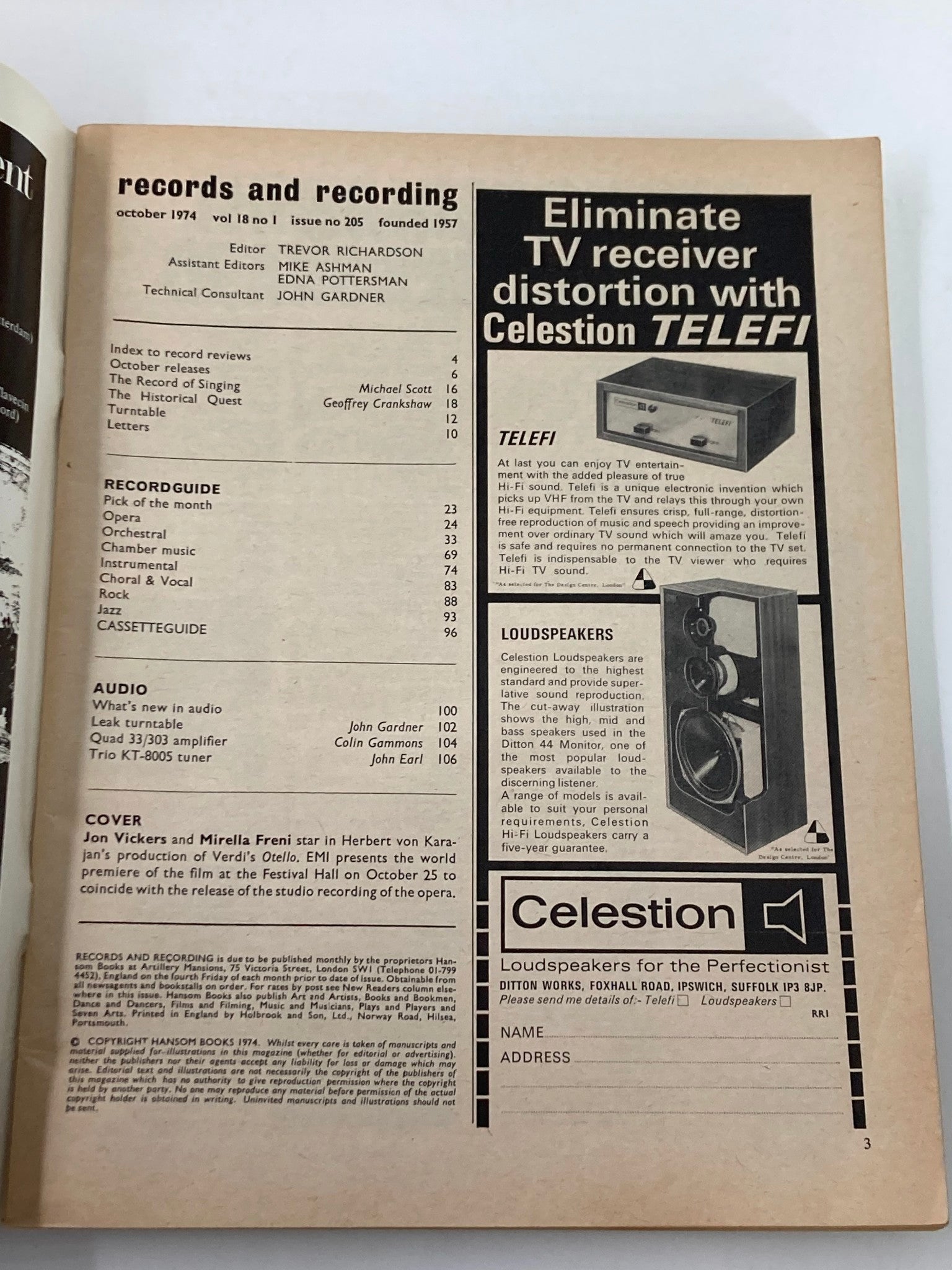 VTG Records & Recordings Magazine October 1974 Karajan's New Otello No Label