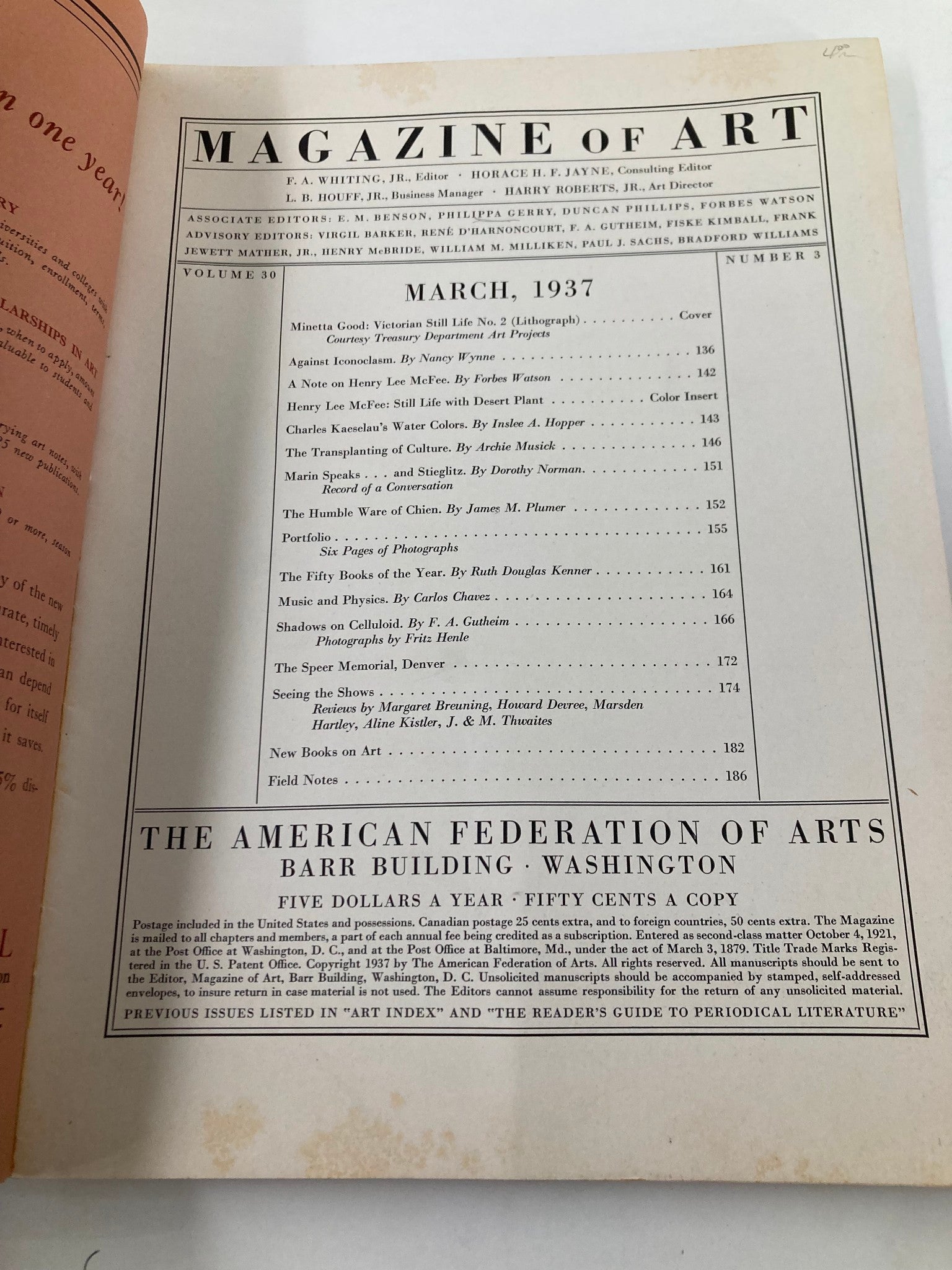 VTG Magazine of Art March 1937 Vol 30 #3 Minetta Good Victorian Life No Label