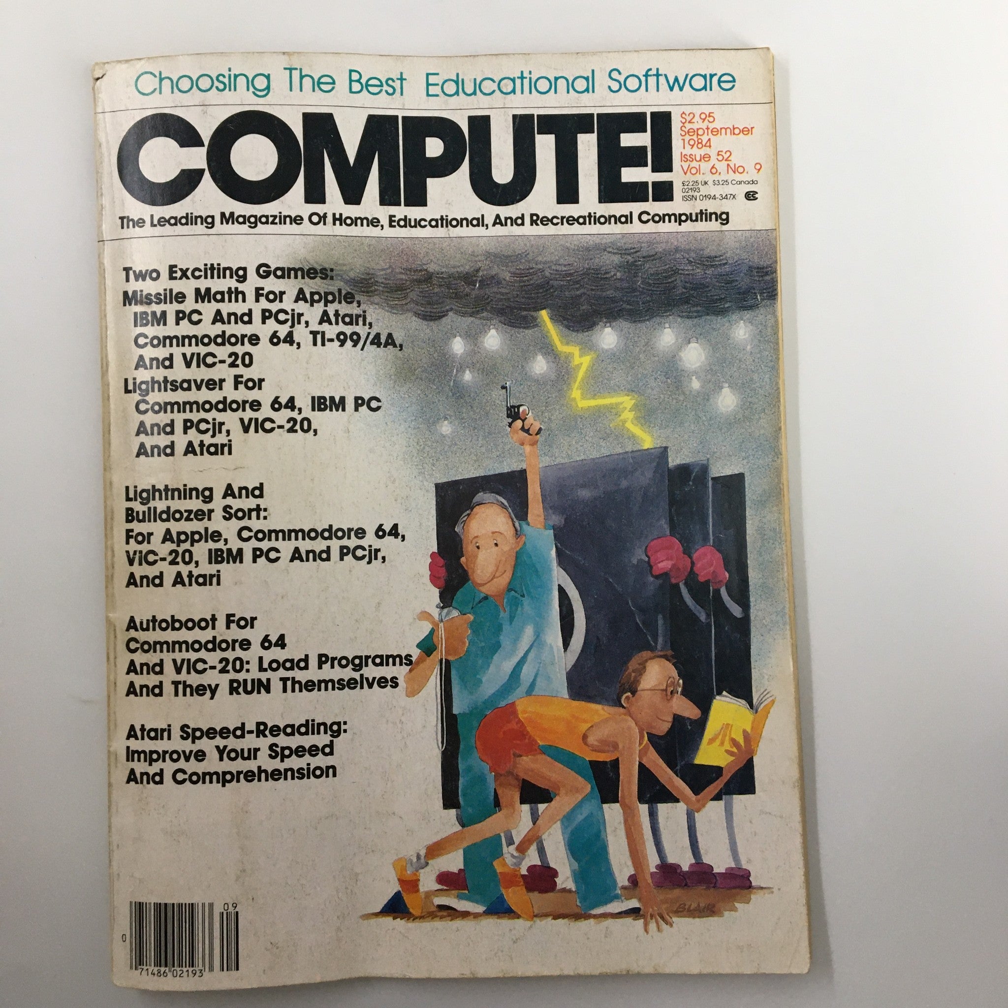 Cover of Compute Magazine September 1984, featuring illustrations and text about educational software, with a focus on popular programs for personal computers of the era. This vintage issue highlights technological advancements in education and includes titles like 'Missile Math' and 'Atari Speed-Reading', making it a collectible piece for enthusiasts.