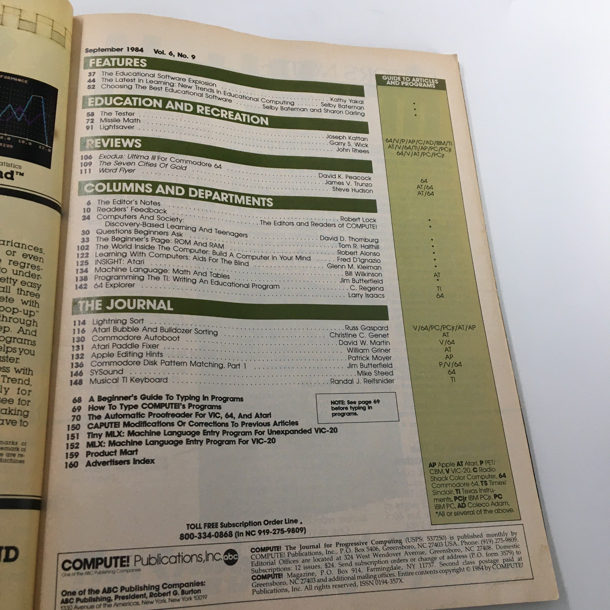 Inside page of VTG Compute Magazine September 1984 presenting the table of contents, featuring articles on educational software and programs for computers, ideal for vintage magazine collectors.