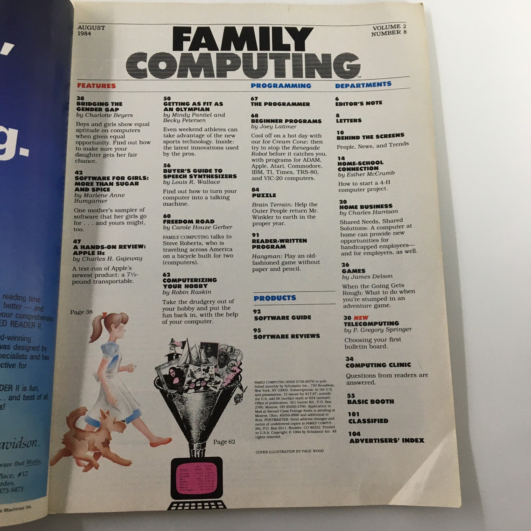 Inside page of VTG Compute Magazine August 1984 featuring the section on bridging the gender gap in technology with article titles related to girls and computers.