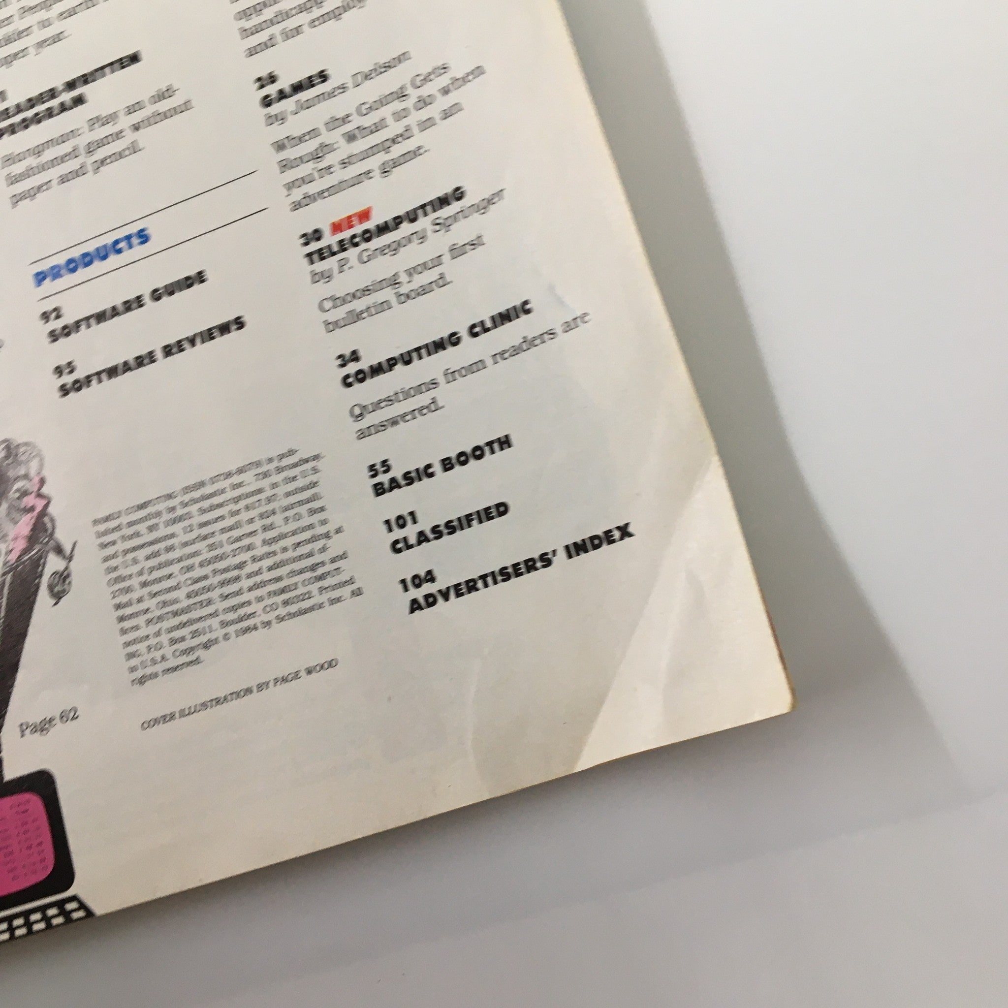 Inside details from VTG Compute Magazine August 1984, highlighting programming sections and software reviews with a focus on technology and women's contributions.