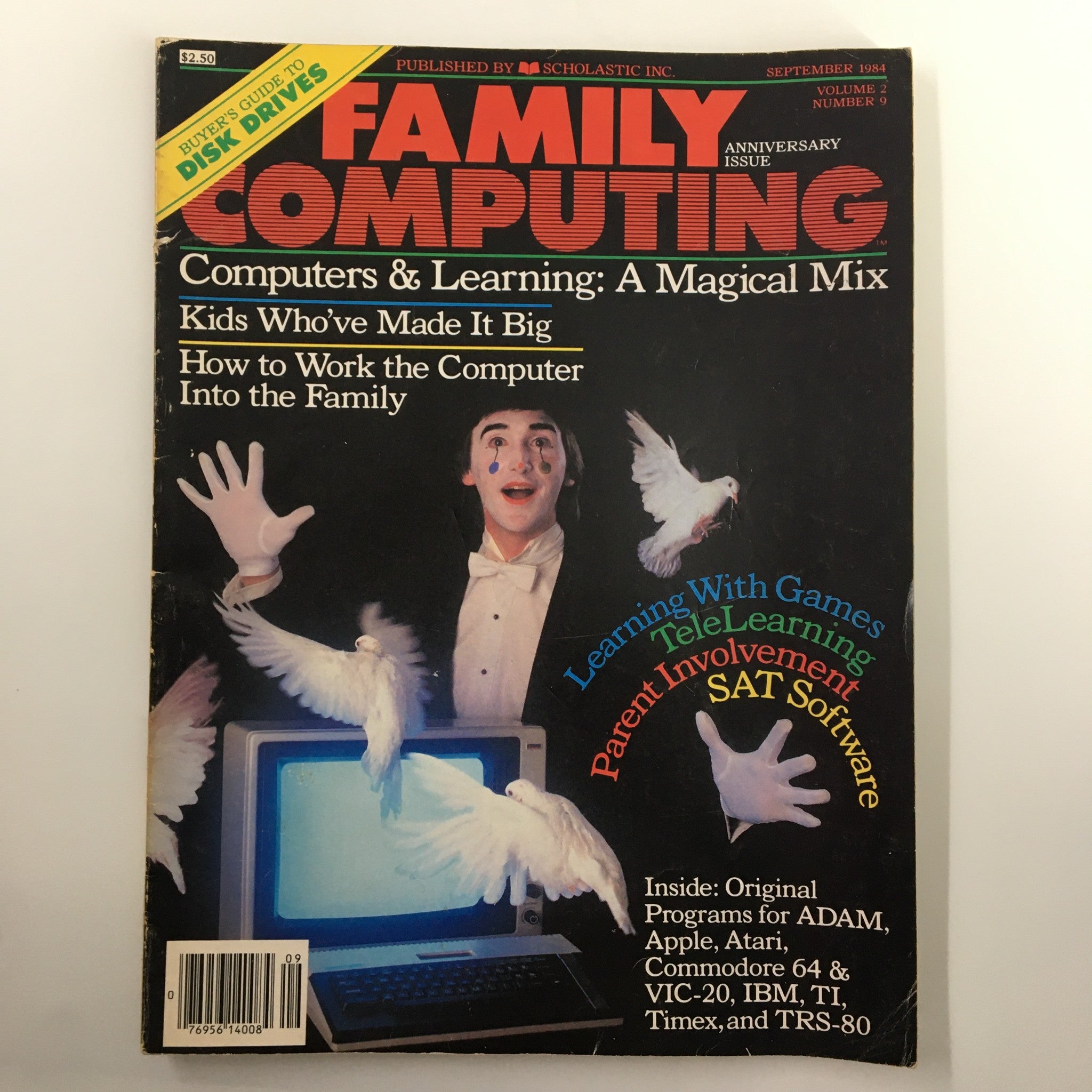 Family Computing Magazine September 1984 cover featuring a magician with doves, highlighting topics such as Computers & Learning and original programs for ADAM, Apple, and more.