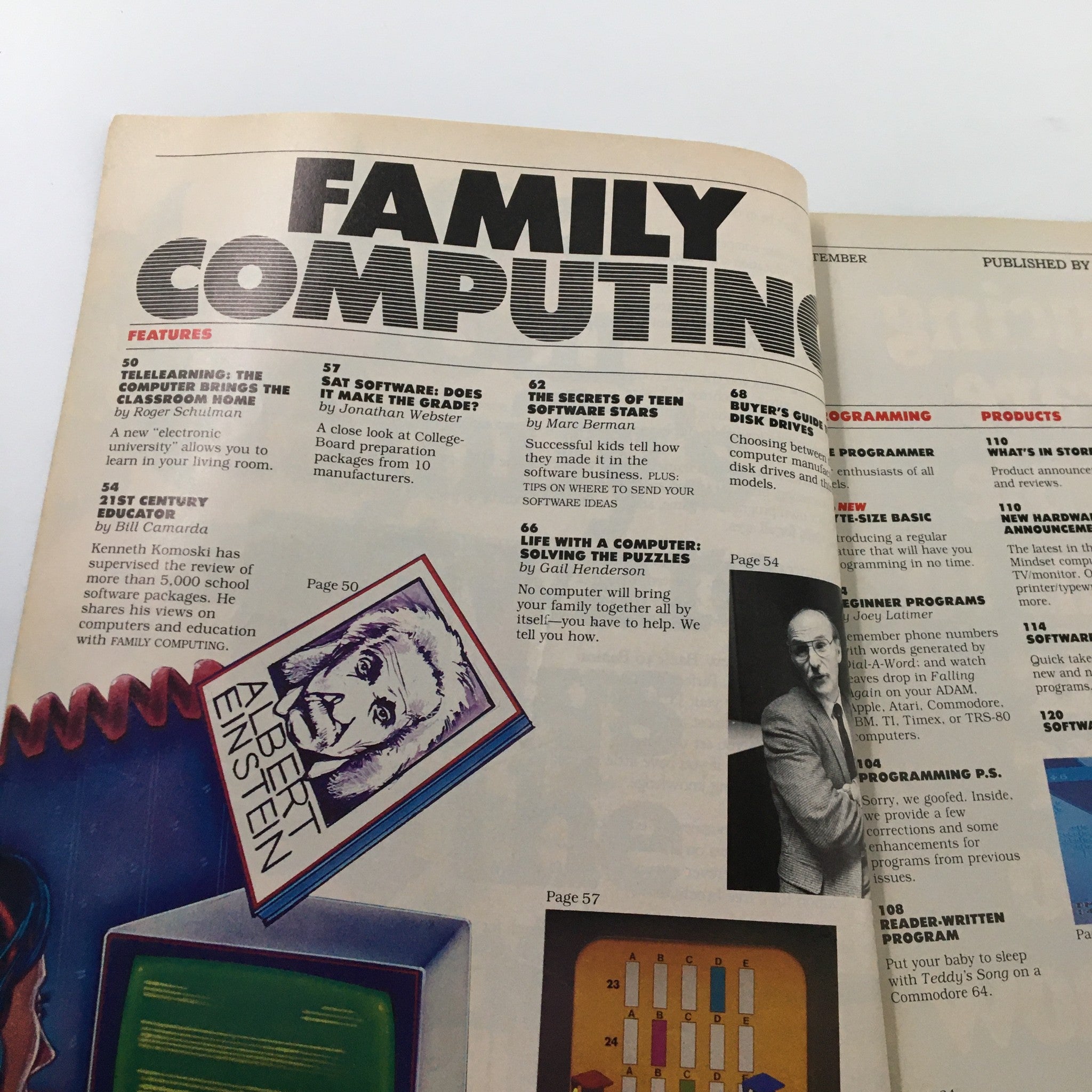 Inside pages of the VTG Family Computing Magazine September 1984 featuring original programs for the ADAM computer, showcasing articles on technology, education, and family computing.