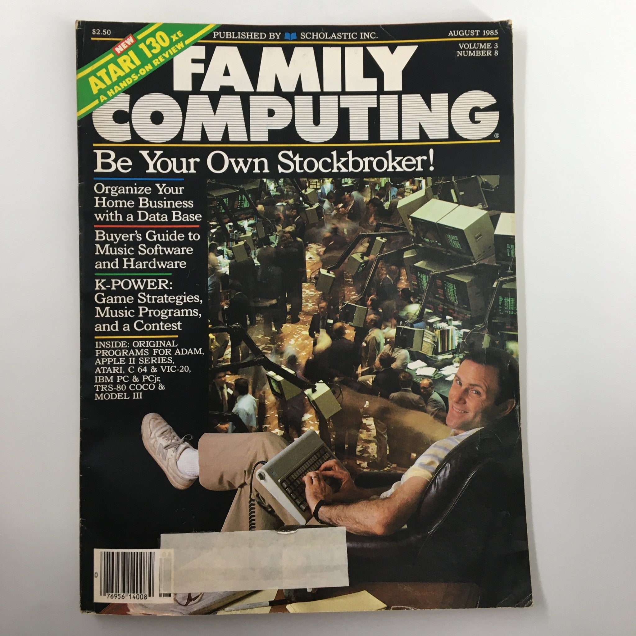 Cover of VTG Family Computing Magazine August 1985 featuring the headline 'Be Your Own Stockbroker!' and articles about organizing a home business with a database.
