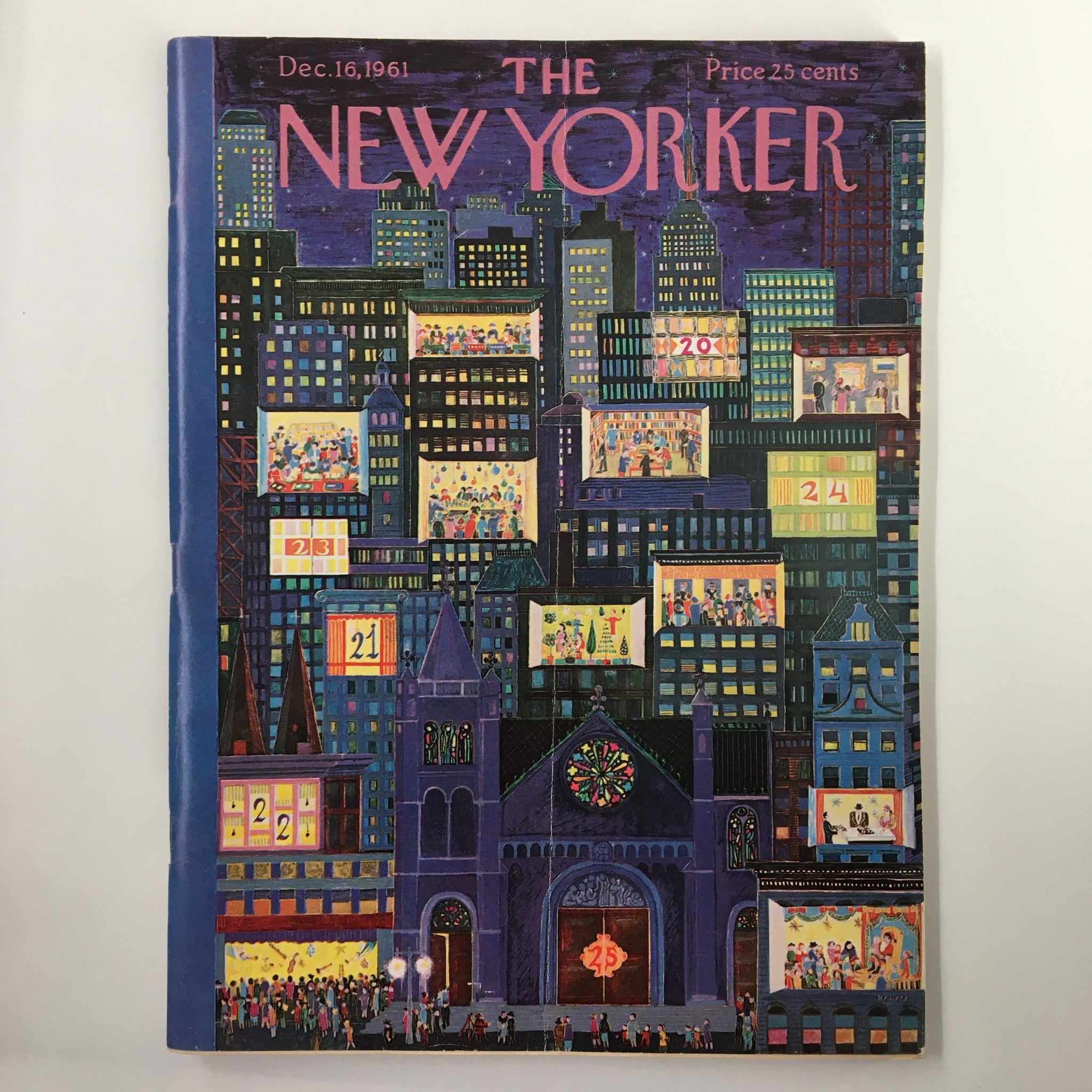 The New Yorker Full Magazine Cover from December 16, 1961, featuring a vibrant illustration titled 'A Christmas Party' by Ilonka Karasz, depicting holiday festivities in a cityscape.