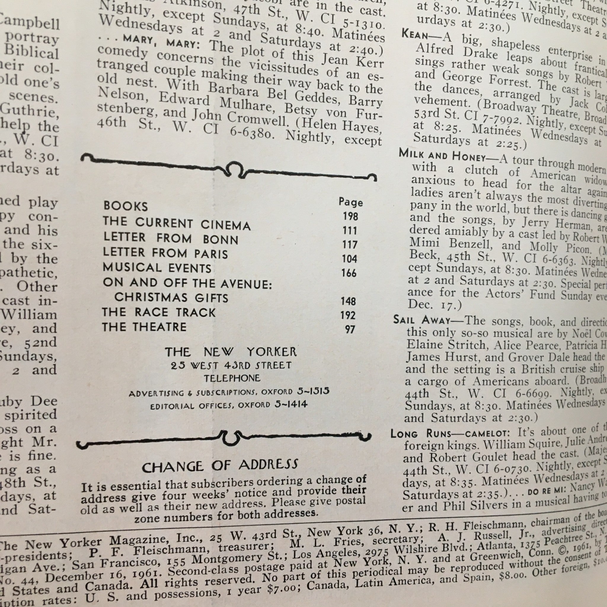 Interior page listing articles and features in The New Yorker Full Magazine December 16 1961, highlighting content such as 'Christmas Gifts' and 'The Race Track' with a vintage layout.