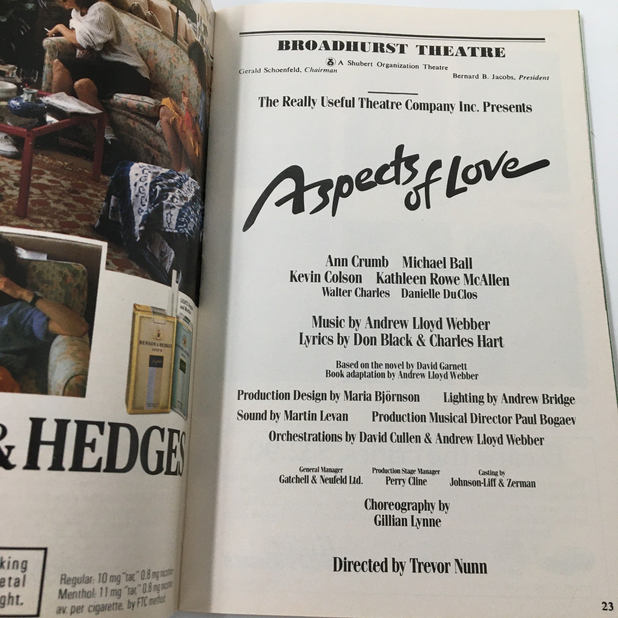 1990 Playbill Broadhurst Theatre Aspects of Love by Trevor Nunn