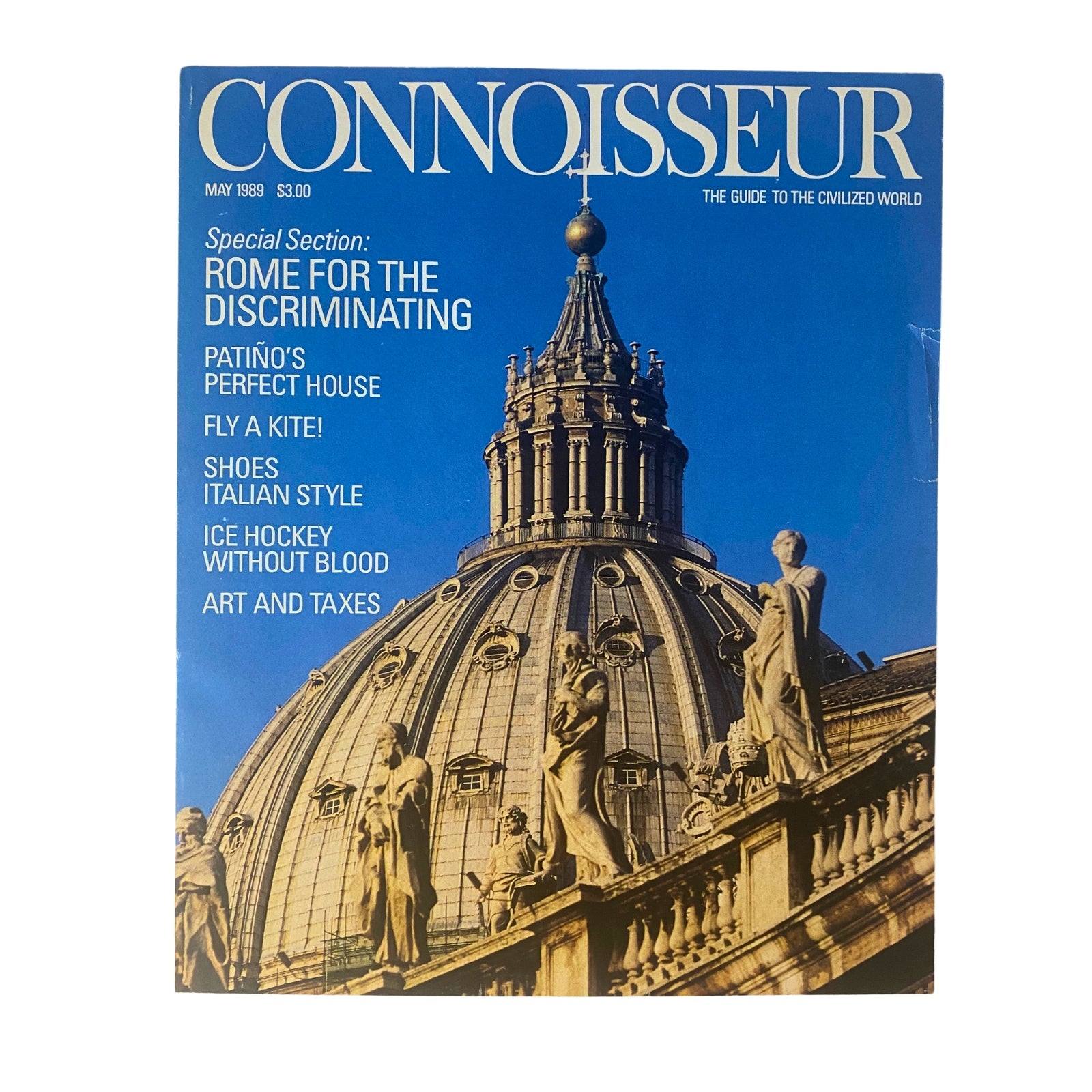 Cover of Connoisseur Magazine May 1989 featuring the dome of St. Peter’s Basilica, highlighting 'Rome for the Discriminating' with articles on luxury lifestyle.