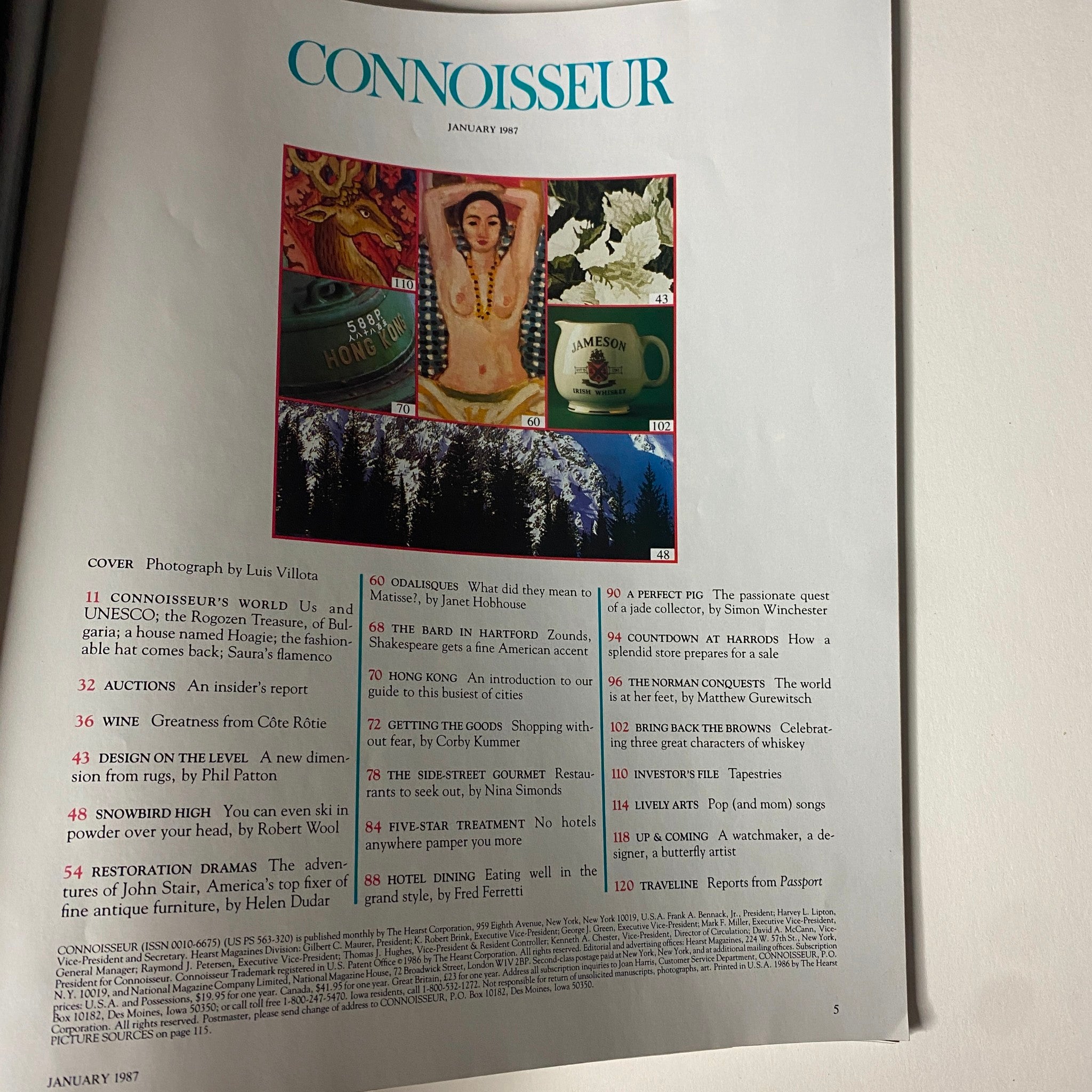Cover page of Connoisseur Magazine January 1987 featuring a collage of articles including Connoisseur's World, Auctions, Wine, Design on the Level, and Snowbird High.