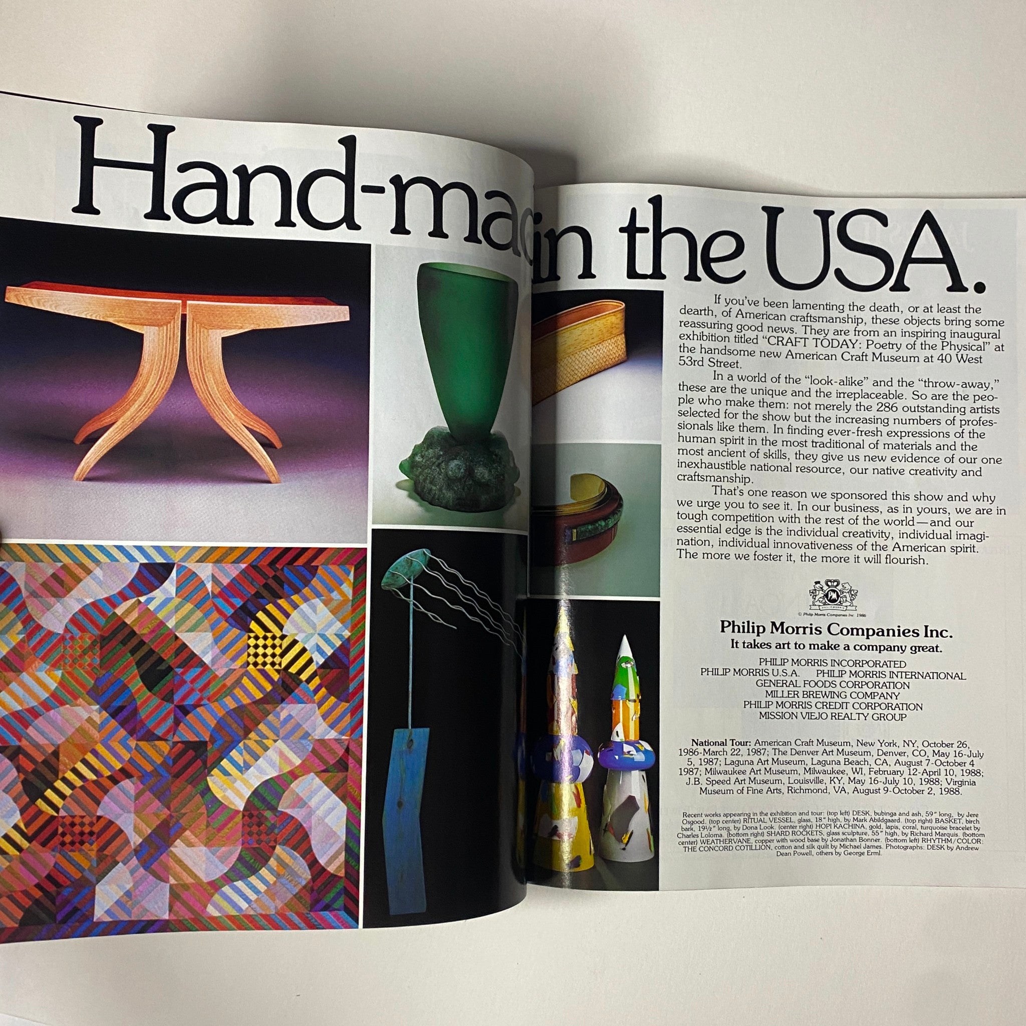 Connoisseur Magazine November 1986 showcasing 'Hand-made in the USA' featuring a collection of handcrafted furniture and decorative art pieces from the 1986 American Craft Museum exhibition.