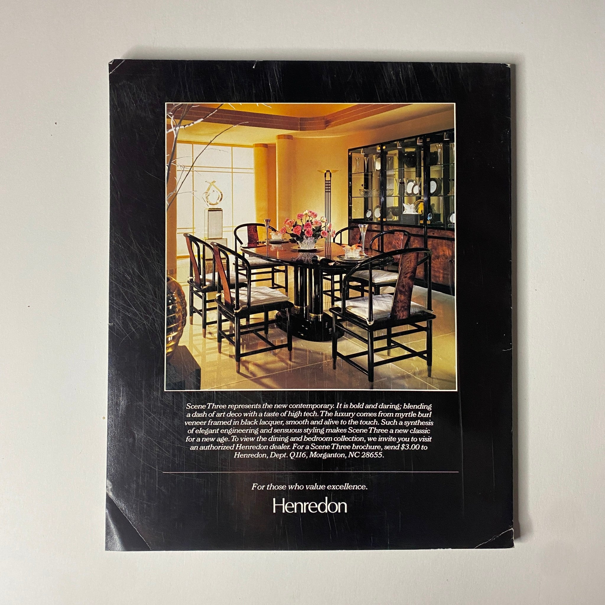 Connoisseur Magazine November 1986 advertisement for Henredon furniture featuring a luxurious dining room set in an elegant interior design, blending modern and traditional styles.
