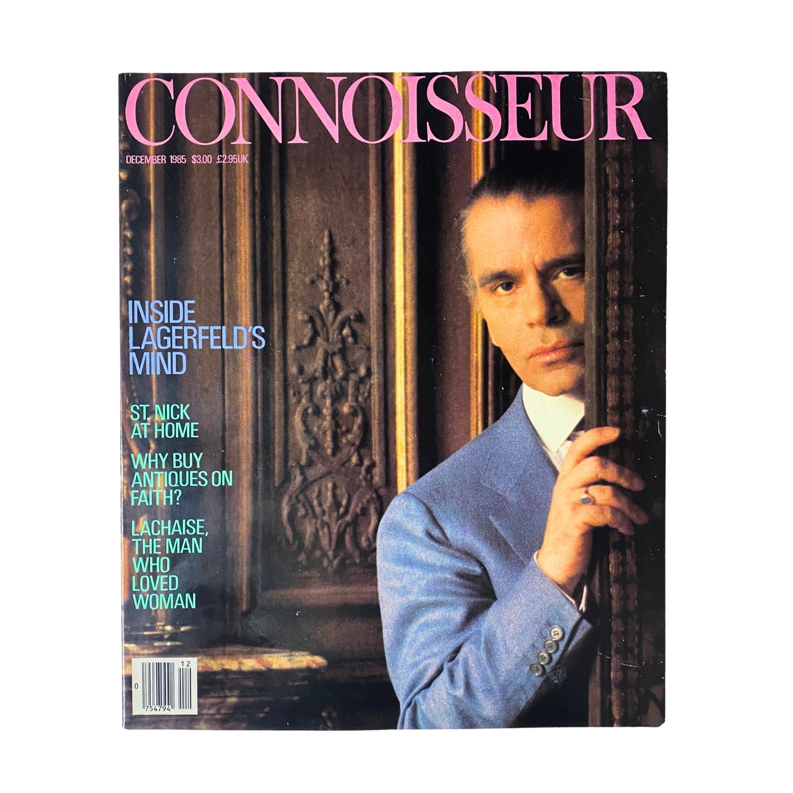 Cover of Connoisseur Magazine December 1985 titled 'Inside Lagerfeld's Mind', featuring a photograph of Karl Lagerfeld against an ornate background.