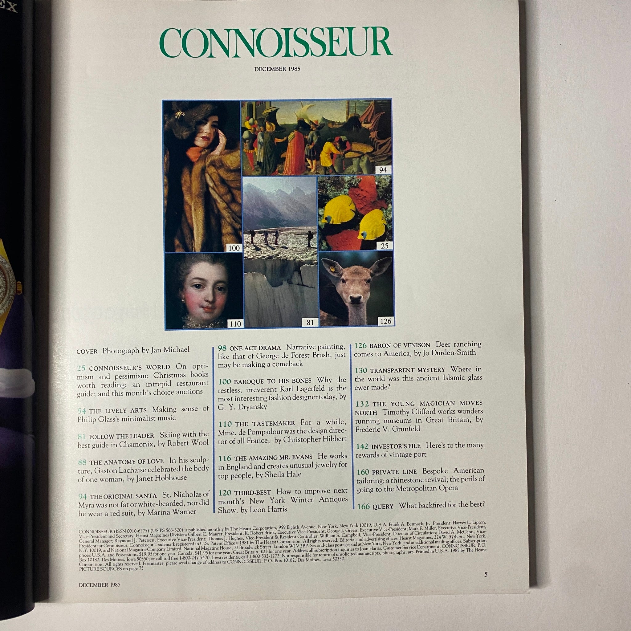 Table of contents from Connoisseur Magazine December 1985, listing articles about art, culture, and insights into Karl Lagerfeld.