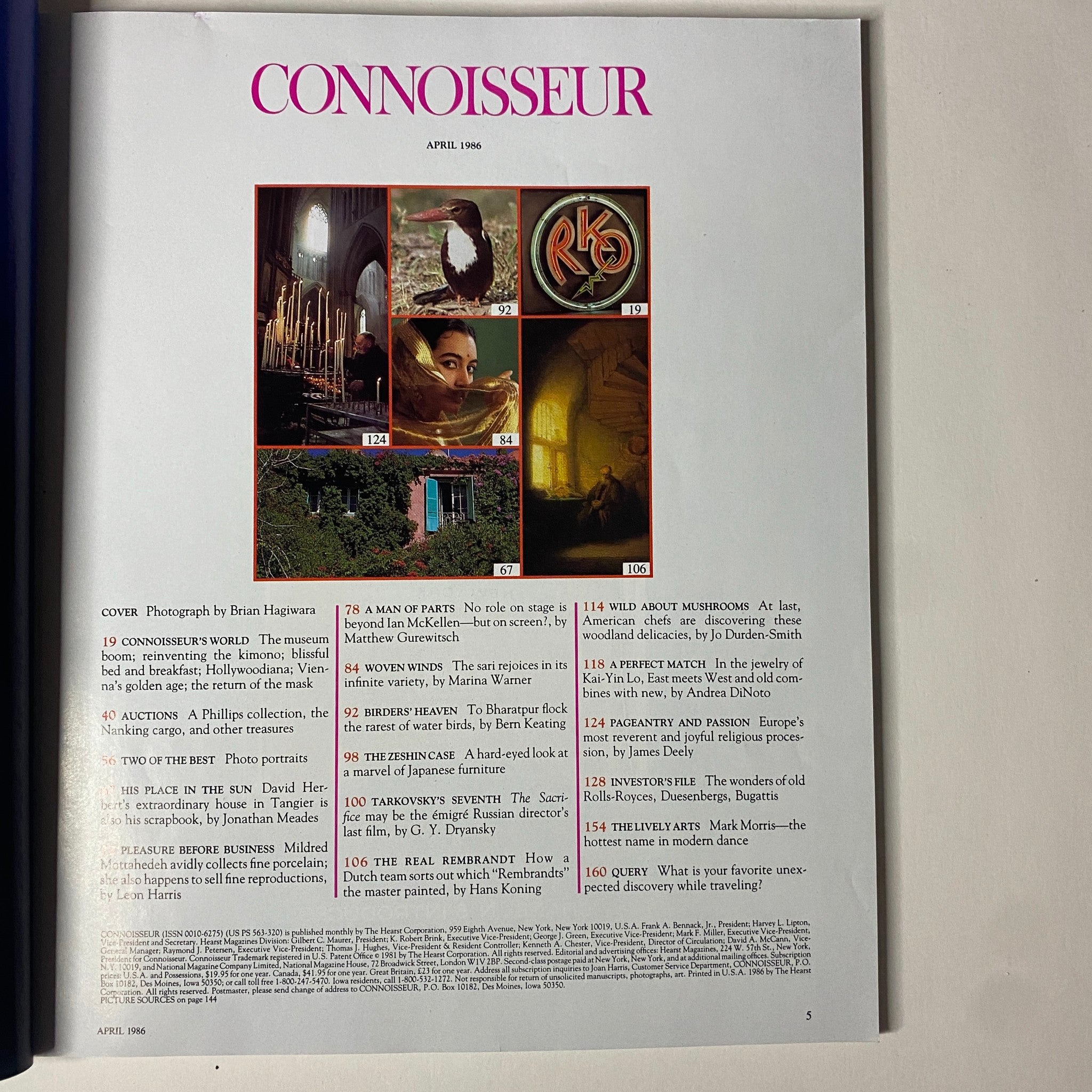 Interior page from Connoisseur Magazine April 1986 with a table of contents, including features on art, fashion, and culture.