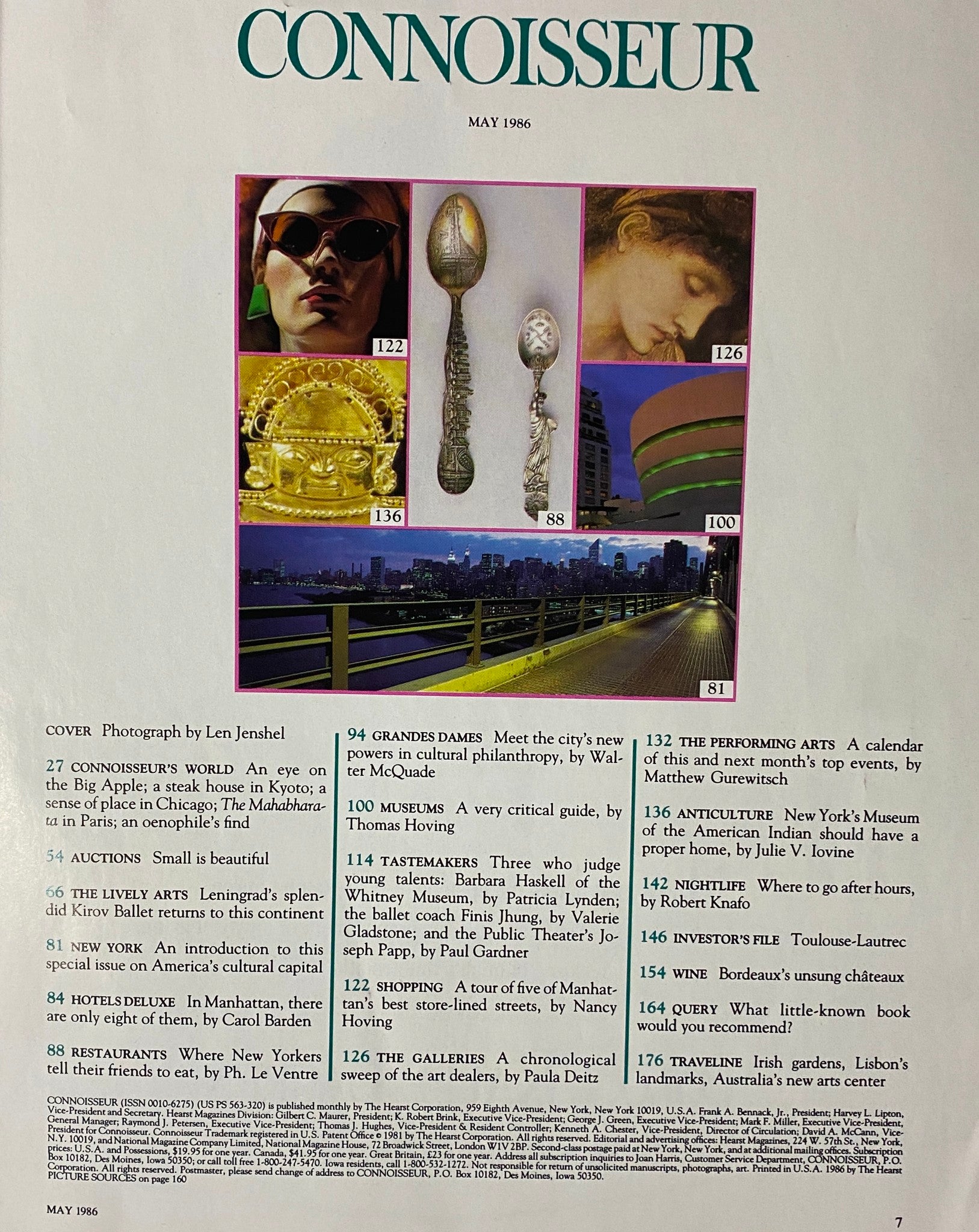 Index page of Connoisseur Magazine, May 1986, showcasing the issue's features including cultural highlights such as Grandes Dames, Museums, and The Performing Arts, accompanied by intricate photography.