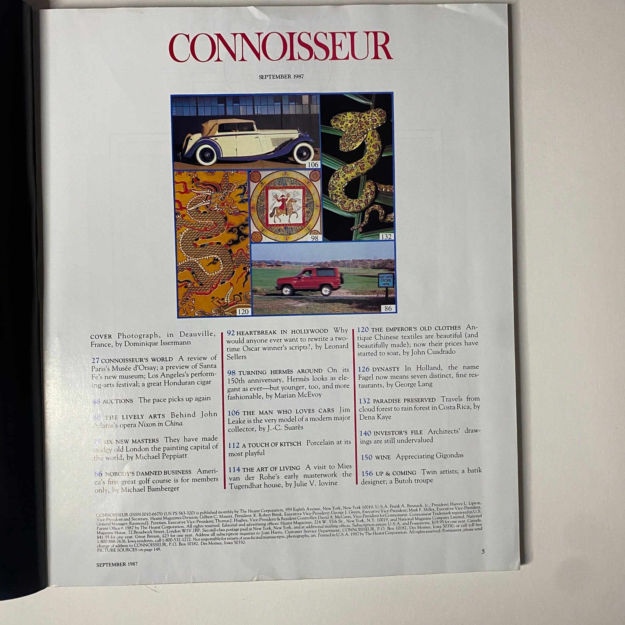 Inside page of Connoisseur Magazine, September 1987, highlighting various articles including 'Turning Hermès Around,' 'Heartbreak in Hollywood,' and 'The Emperor's Old Clothes.' Features a colorful layout with photographs and titles.