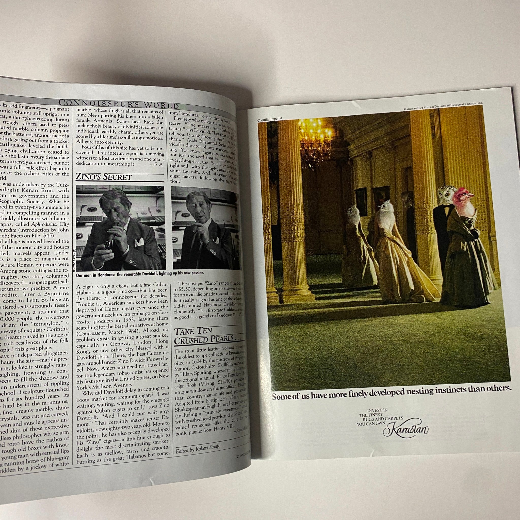 Connoisseur Magazine September 1987 features 'Zino's Secret' in the 'Connoisseur's World' section, showcasing an article with a photograph of a man in a sophisticated setting alongside an advertisement for Karanstan rugs.