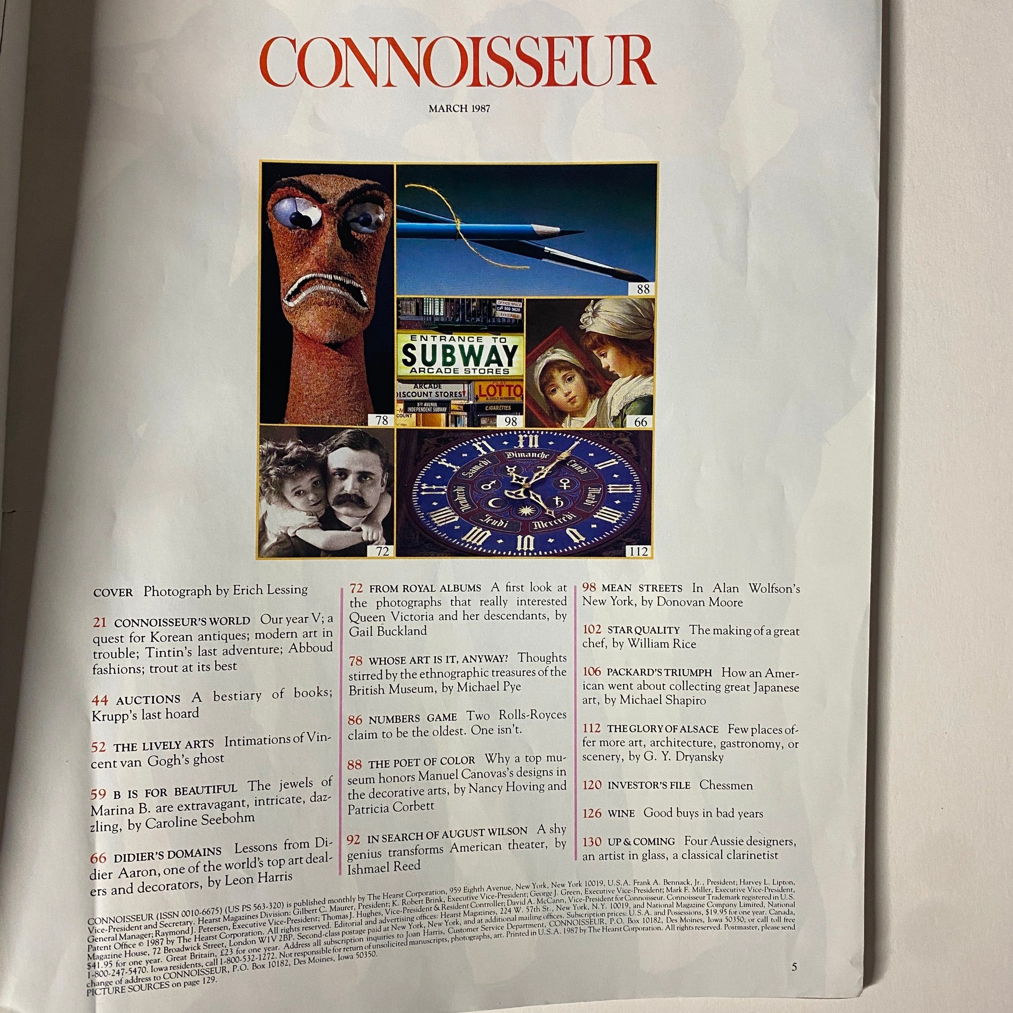 Inside page of Connoisseur Magazine March 1987 displaying the contents list with various articles including 'From Royal Albums' and 'Mean Streets'.