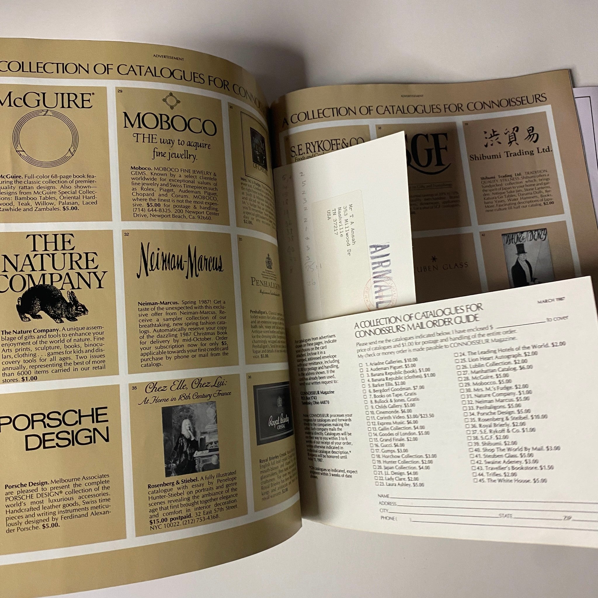 Advertisement pages from Connoisseur Magazine March 1987 featuring catalogs and promotional content for luxury brands.