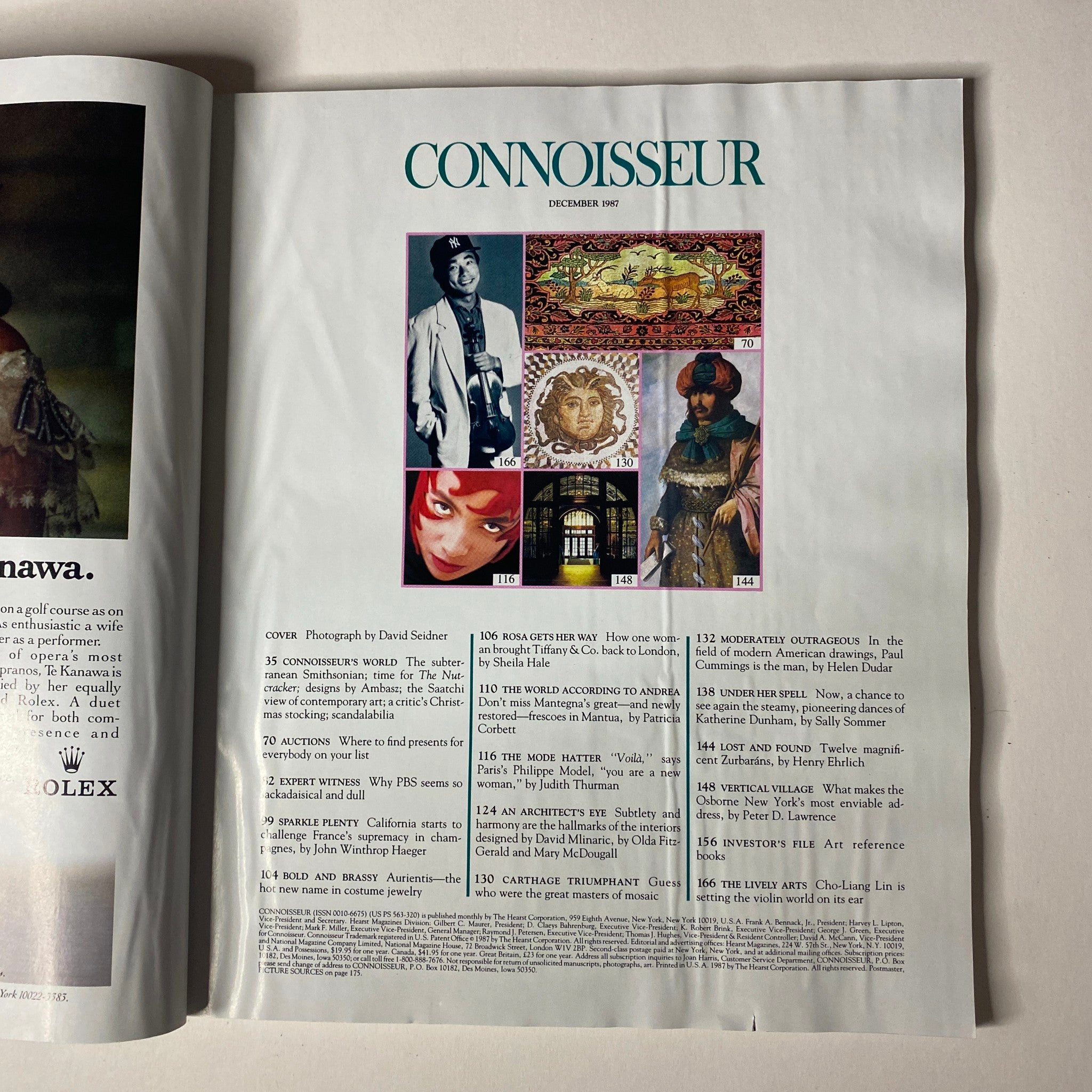 Inside page of Connoisseur Magazine December 1987 displaying the table of contents with features on various art and fashion topics, including 'Connoisseur’s World' and 'Auctions'.