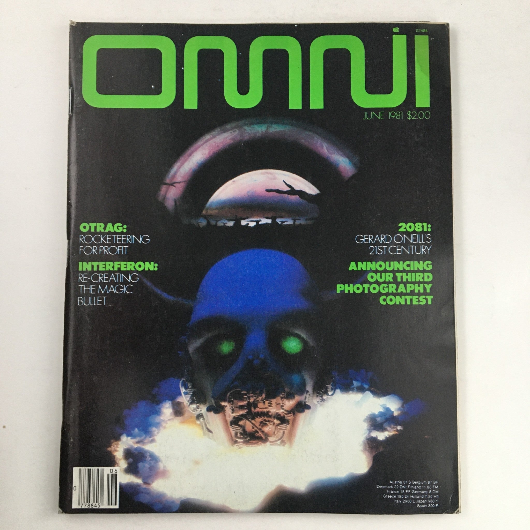 Cover of Omni Magazine June 1981 featuring the title 'OTRAG: Rocketeering for Profit' along with other articles. The cover showcases a futuristic design with a skull and vibrant colors, representing themes of technology and space exploration during the 1980s.