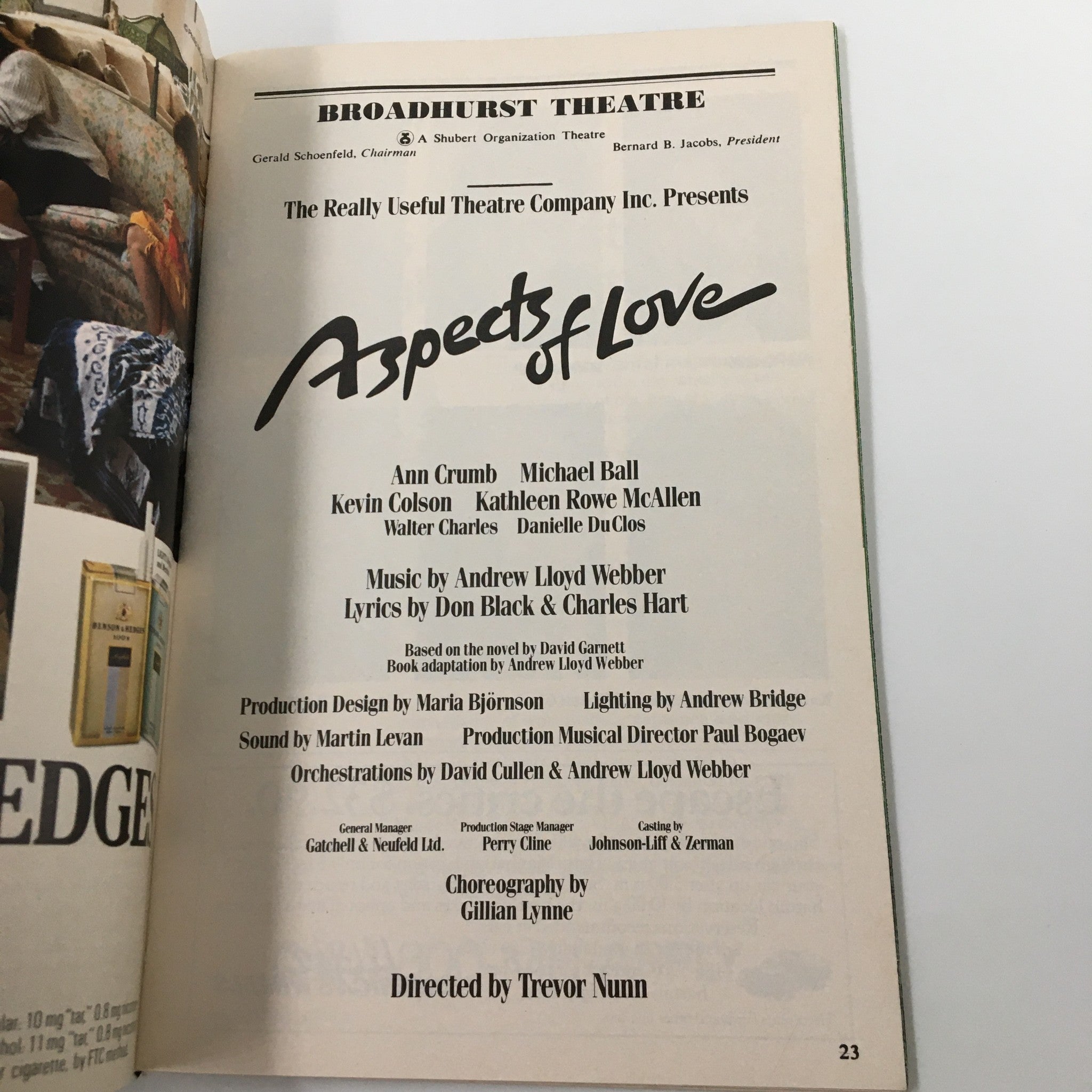 1990 Playbill Broadhurst Theatre Ann Crumb in Aspects of Love by Trevor Nunn